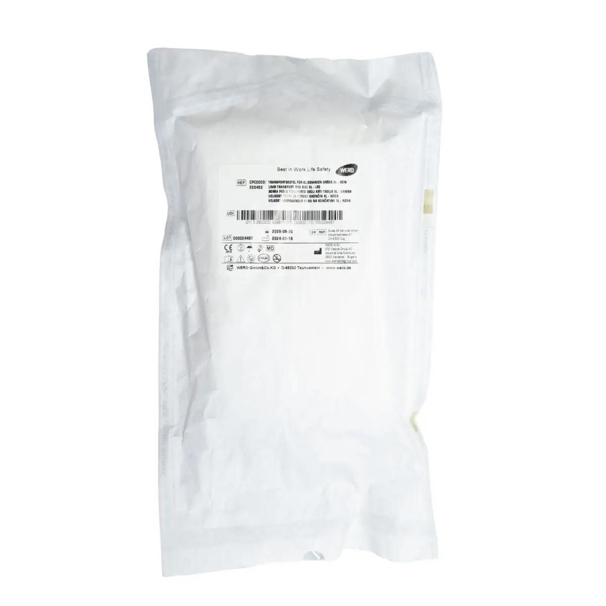 Eine aufrecht stehende, versiegelte weiße Verpackung mit WERO Replantat-Beutel, steril - Bein, trägt Label mit Hersteller- und CE-Kennzeichnung.