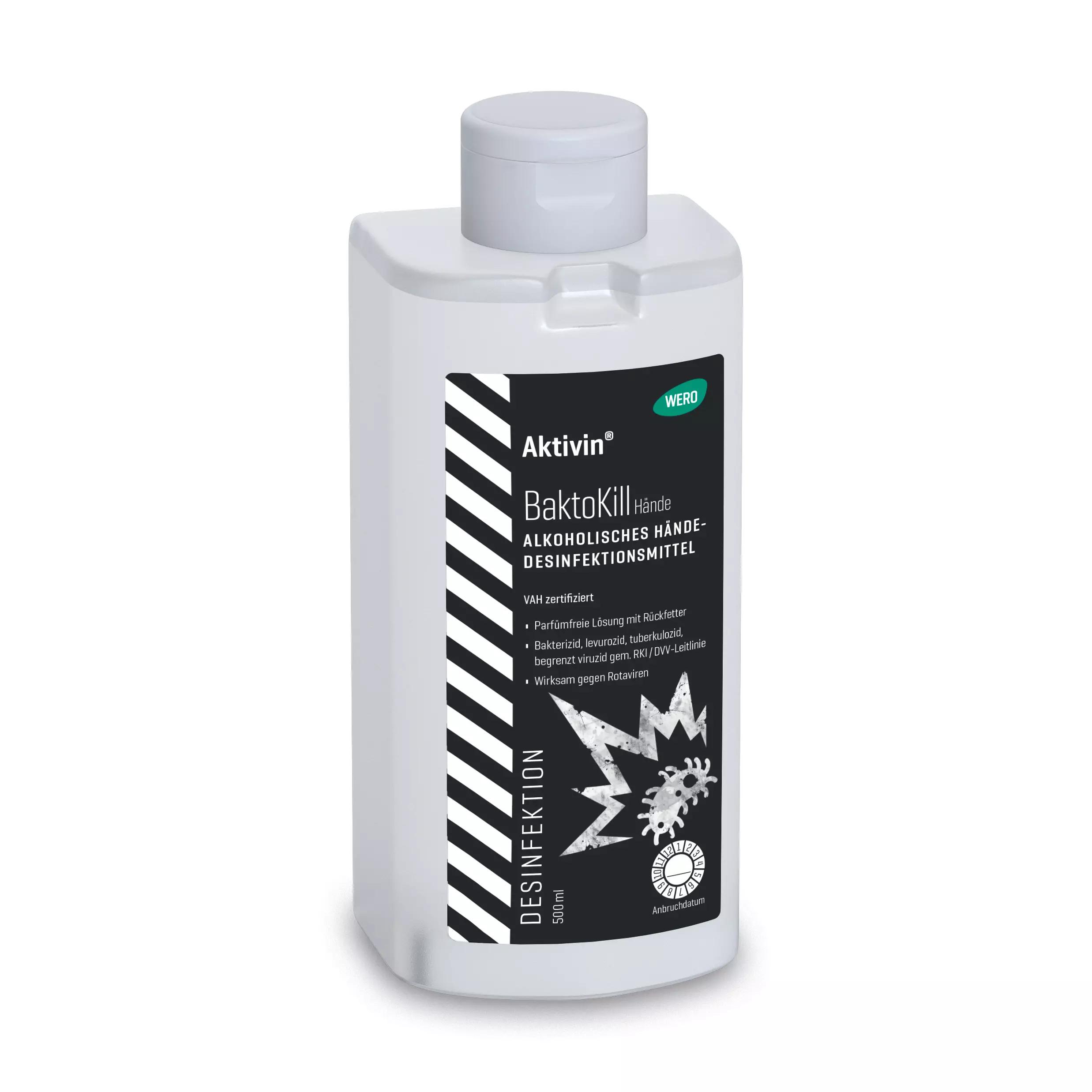 Weiße Flasche Händedesinfektion Aktivin® BaktoKill - Euroflasche, 500 ml, mit VAH-Zulassung und rückfettender, alkoholischer Rezeptur.