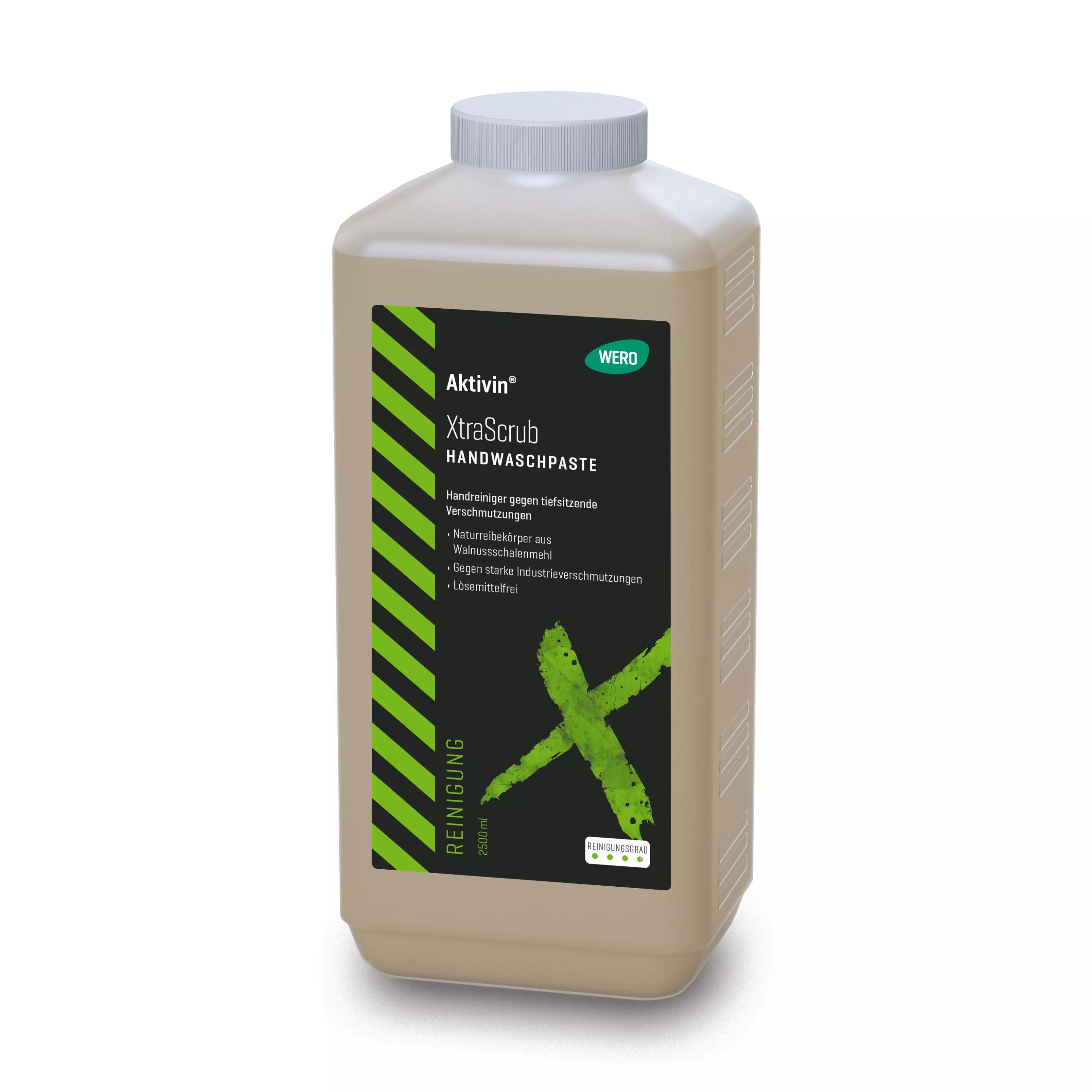 Die Hautreinigung Aktivin® XtraScrub - Euroflasche, 2.500 ml zeigt eine beigen Kunststoffflasche mit schwarzem Etikett, grünem "X" und 2500 ml Angabe.