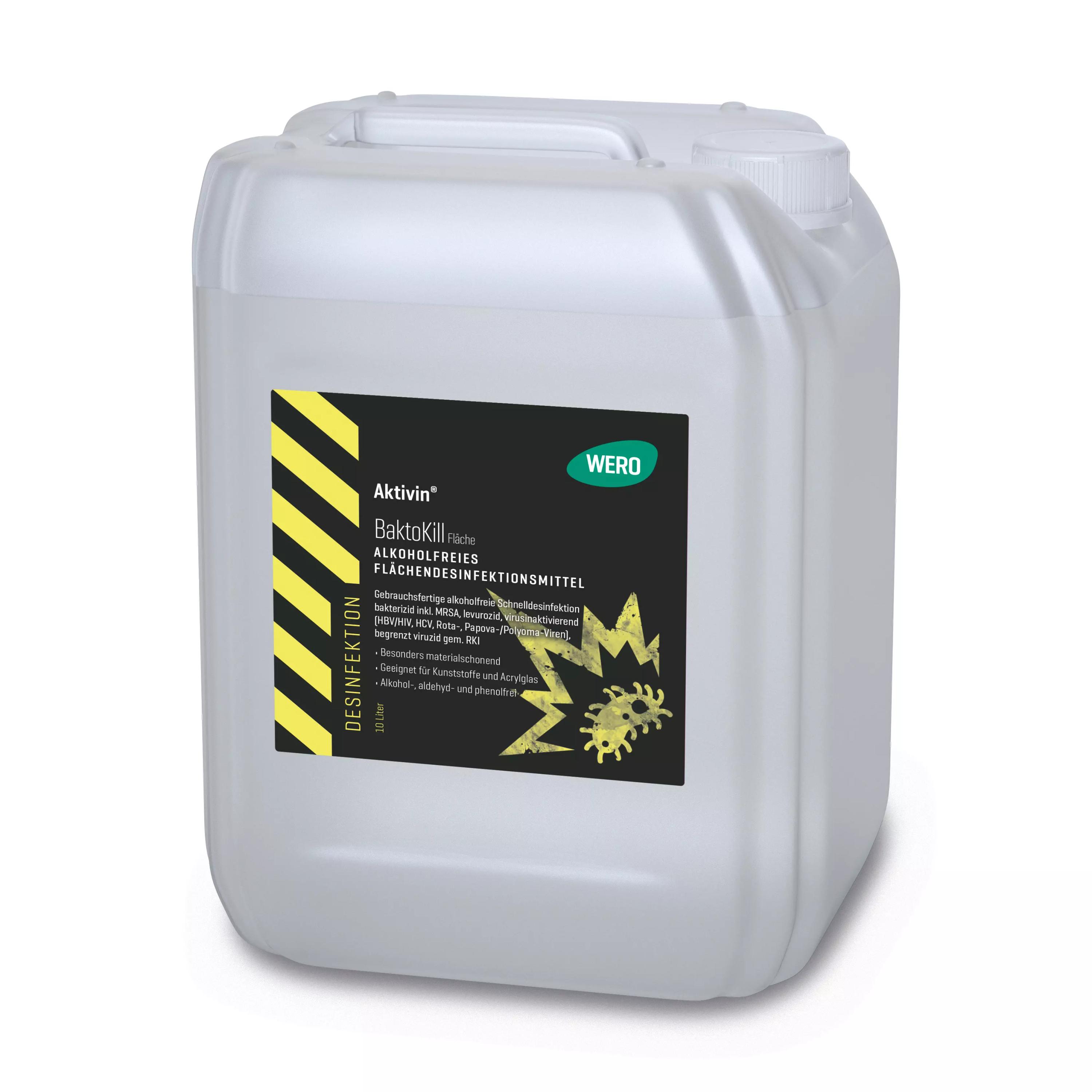 Ein transparenter Kanister Flächendesinfektion Aktivin® BaktoKill - Kanister, 10 Ltr mit Griff, gelbem Etikett und Virus-Symbol steht aufrecht.