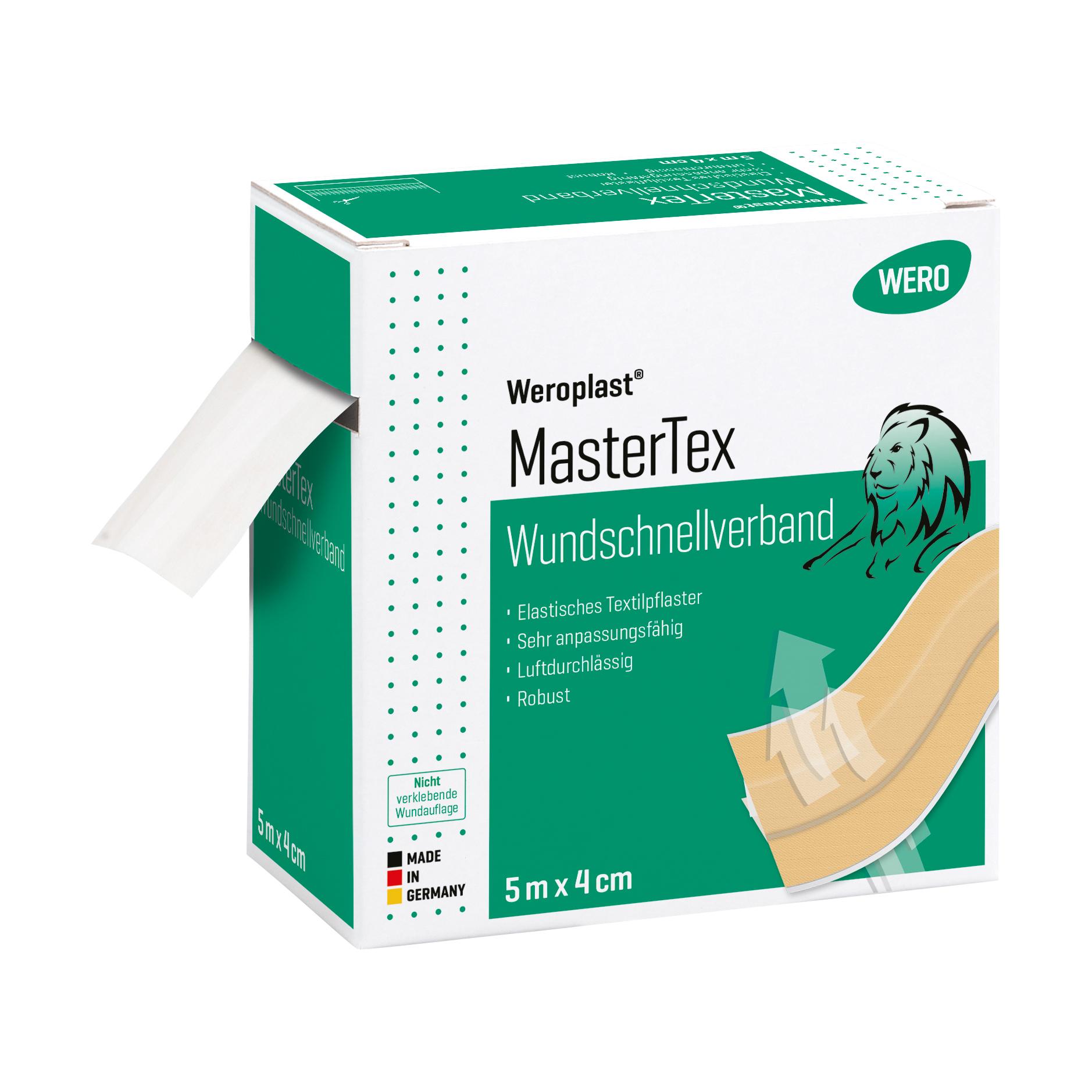 Verpackung Weroplast MasterTex Wundschnellverband 5 m x 4 cm mit Löwenmotiv und halb entrolltem Verband vor der Schachtel