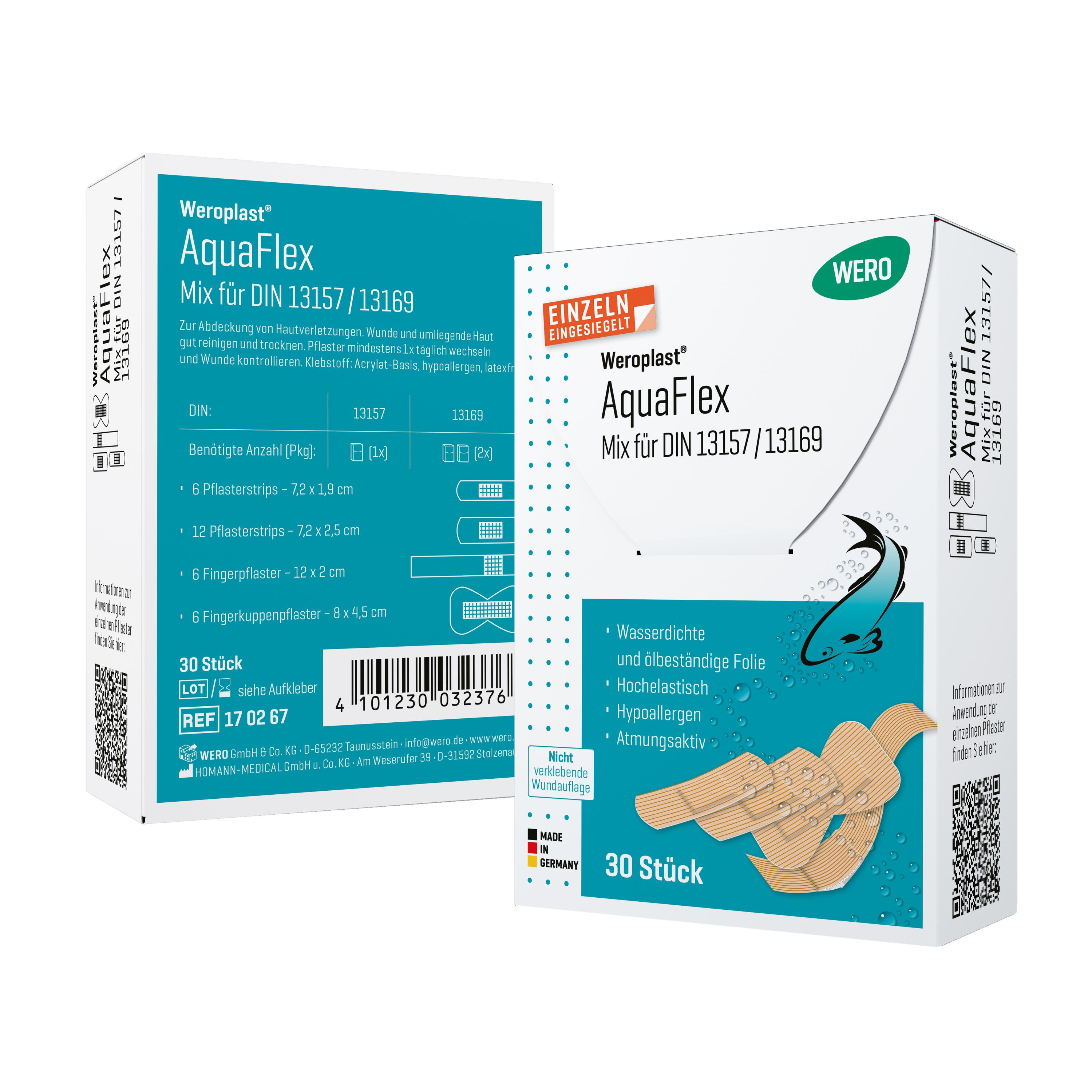 Zwei Packungen Weroplast® AquaFlex Mix für DIN 13157 / 13169 mit wasserdichten, flexiblen Pflastern, die Hautaufweichung verhindern.