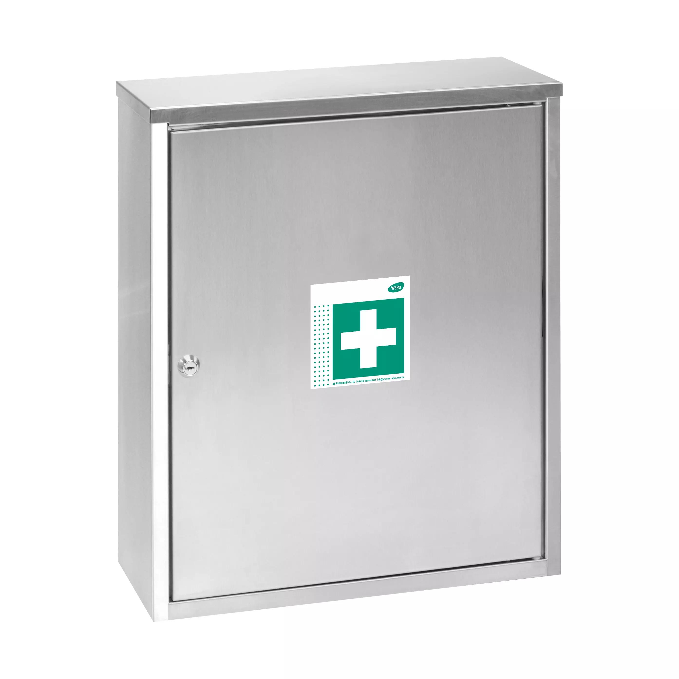 Geschlossener WERO Verbandschrank Maxi V2A 400 aus gebürstetem Metall mit silbernem Griff und grünem Erste-Hilfe-Aufkleber mit weißem Kreuz.