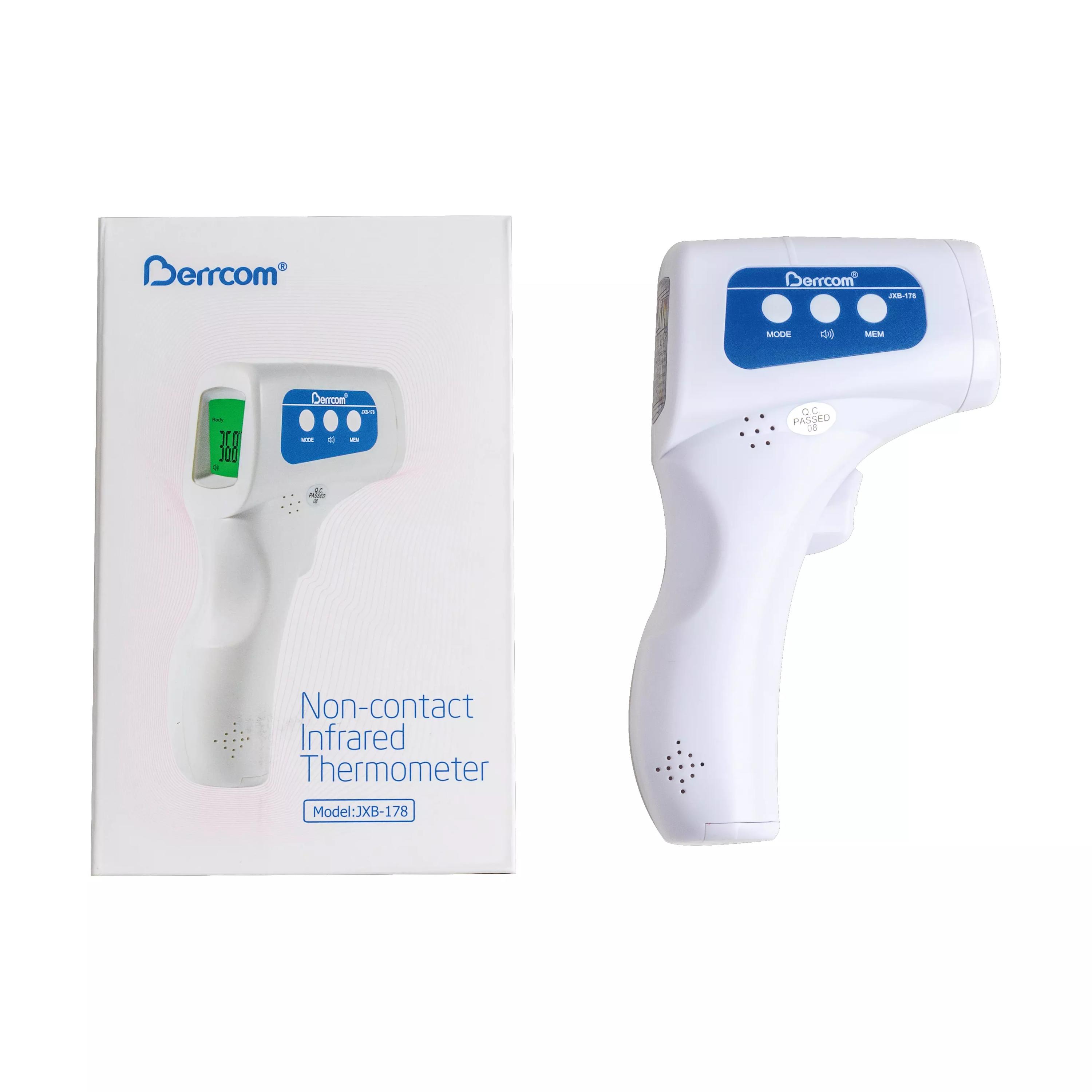 Ein Berührungsloses Infrarot-Thermometer Berrcom JXB-178 mit digitalem Display, berührungsloser Messung und präziser Temperaturanzeige steht vor seiner Verpackung.
