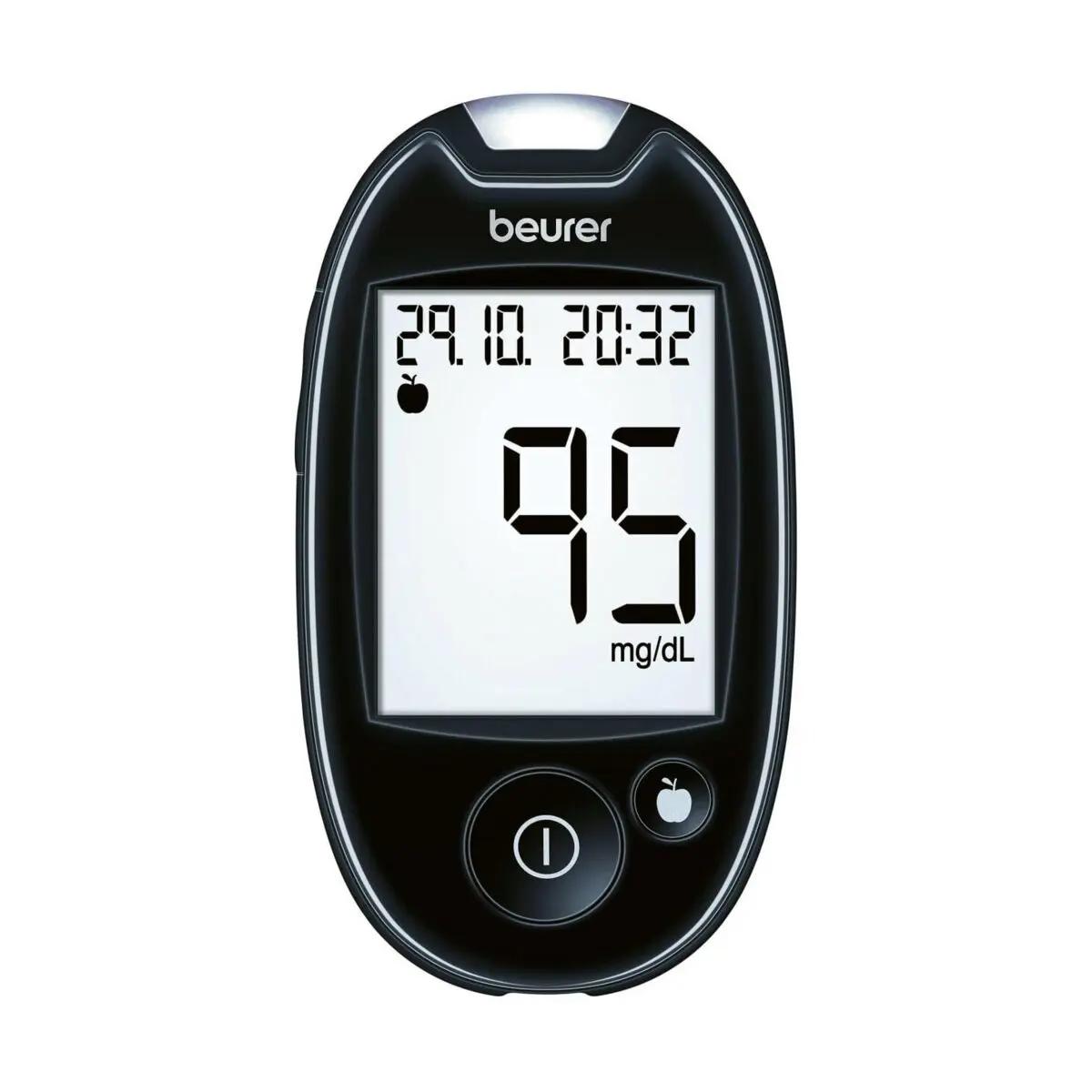 Das Beurer Blutzuckermessgerät - GL 44 mg/dL zeigt einen Wert von 95 mg/dL auf beleuchtetem Display mit großen Tasten und breiten Teststreifen.