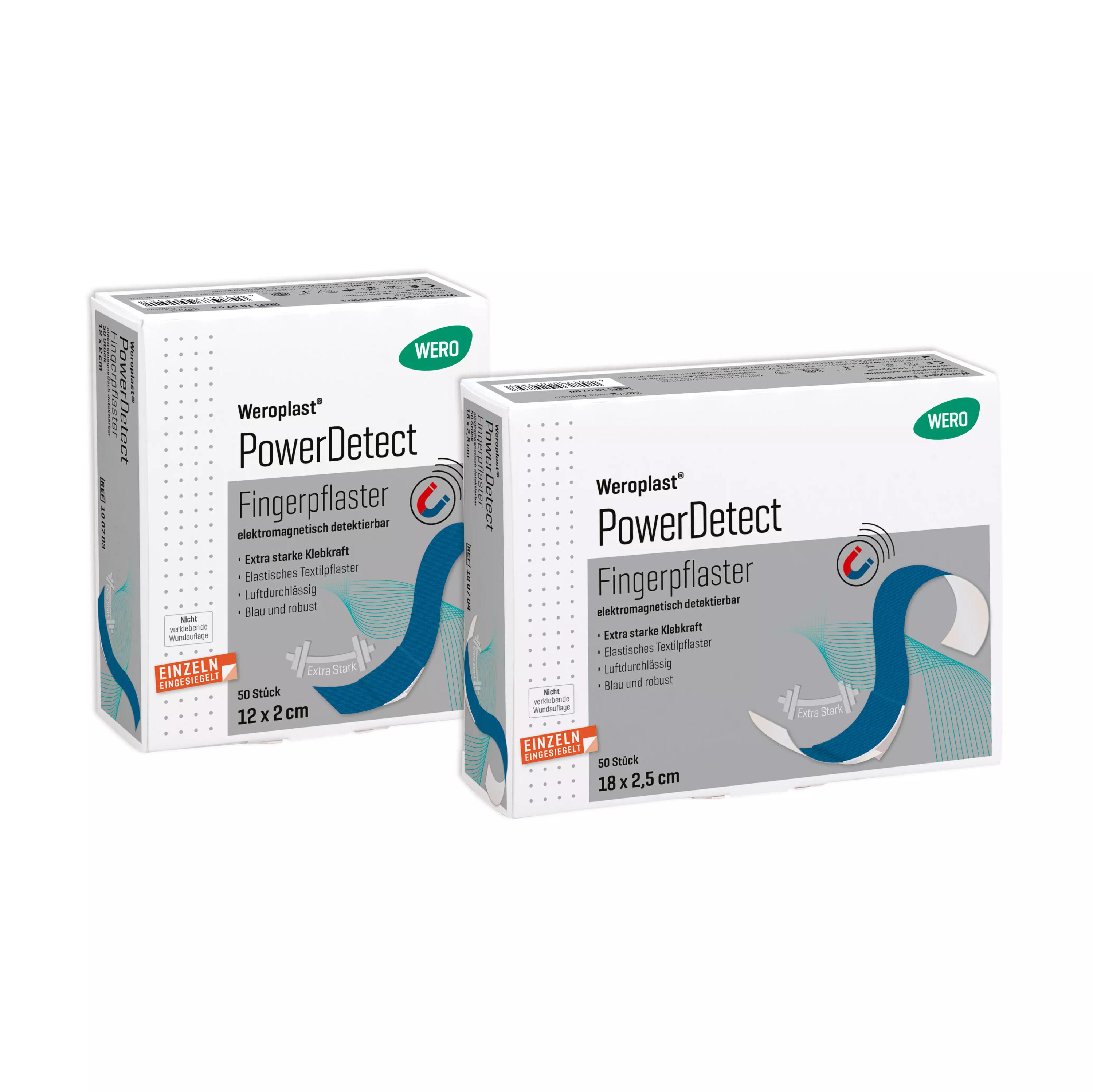 Zwei Packungen Weroplast® PowerDetect Fingerpflaster aus blauem, detektierbarem, längs- und querelastischem Textilgewebe mit Aluminiumstreifen.