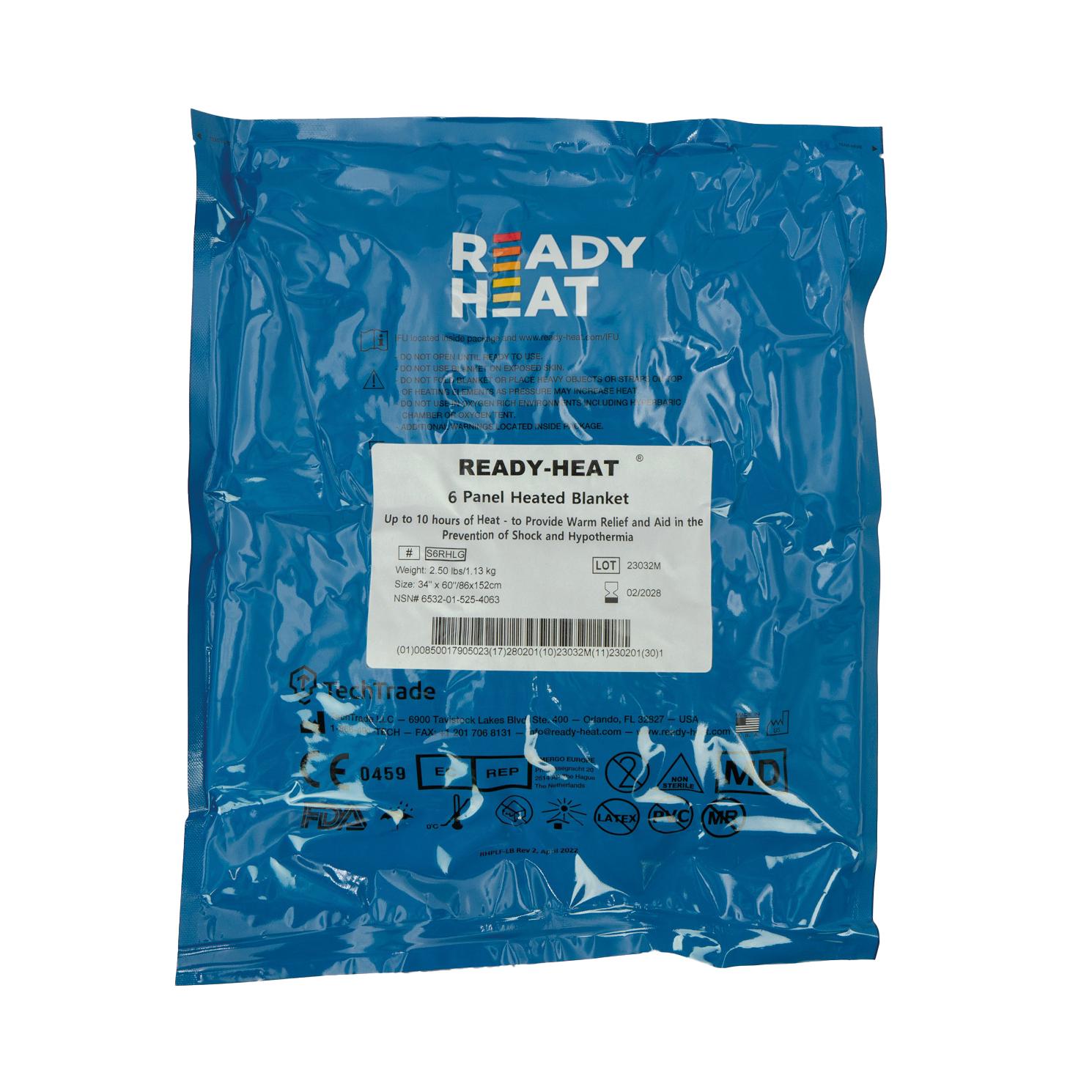 Eine verschlossene, blaue Kunststoffverpackung der Ready-Heat™ - 6-Element-Decke mit weißem Etikett und Sicherheitskennzeichnungen.