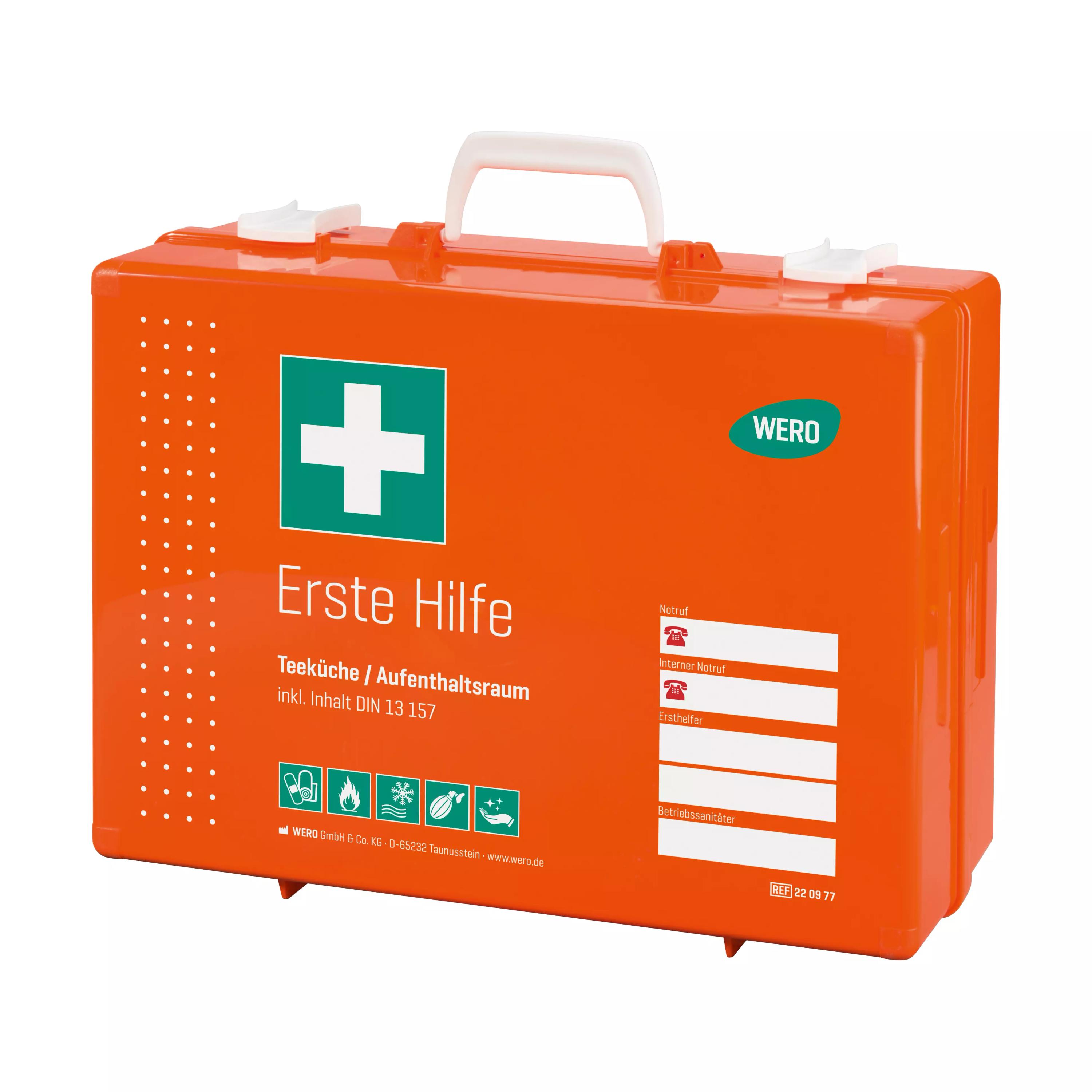 Ein orangefarbener Werotop® 450 Erste Hilfe Koffer mit weißem Griff und grünem Kreuz, gefüllt nach DIN 13157 für Aufenthaltsräume.