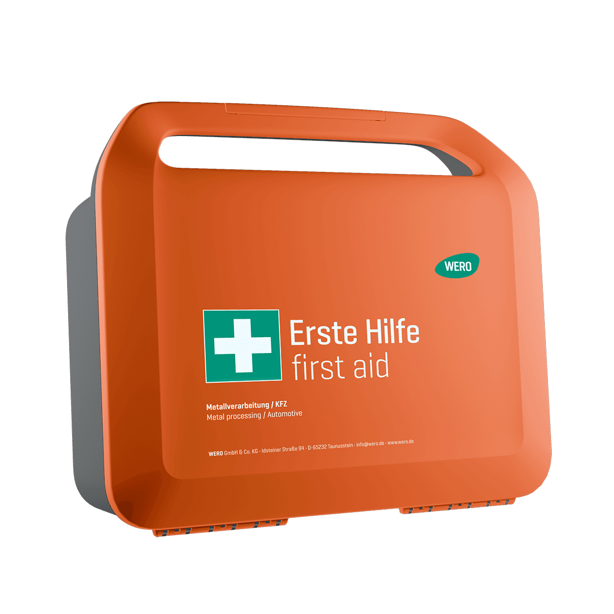 Oranger Erste-Hilfe-Kasten mit weißem Kreuz, deutsch-englischer Beschriftung und grünem WERO-Logo für Metallverarbeitung und KFZ.