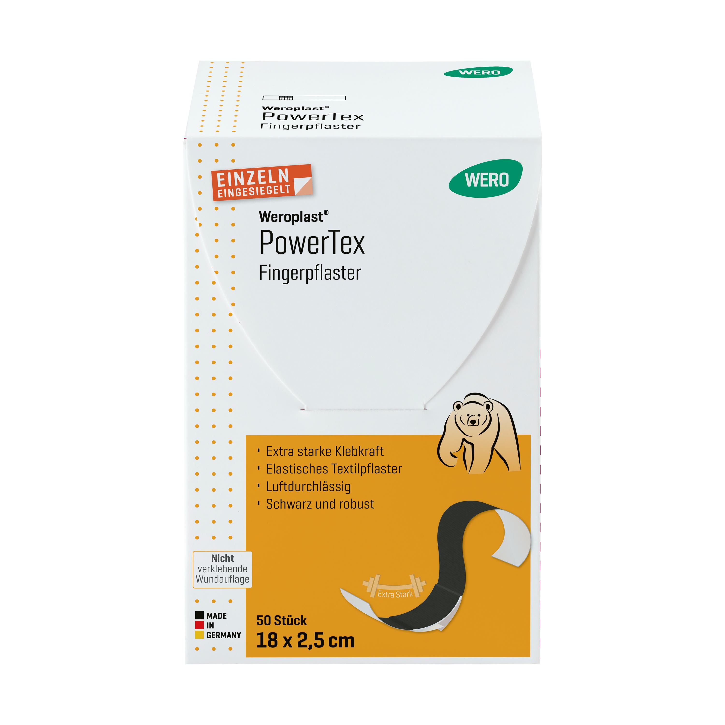 Ein Finger wird mit Fingerpflaster Weroplast® PowerTex umwickelt, das durch verstärkte Klebkraft und schwarzes Gewebe besonders robust ist.