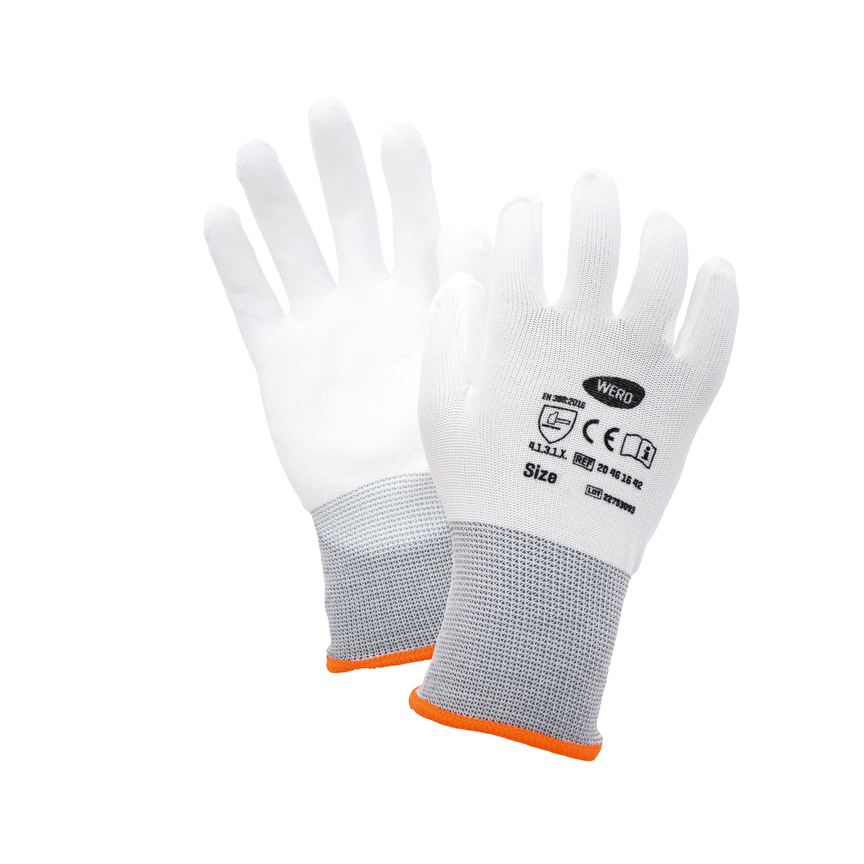 Zwei weiße Feinstrickhandschuhe WERO Allrounder mit orangefarbenem Bund, PU-beschichteten, strukturierten Innenflächen und gebogenen Fingern liegen nebeneinander.