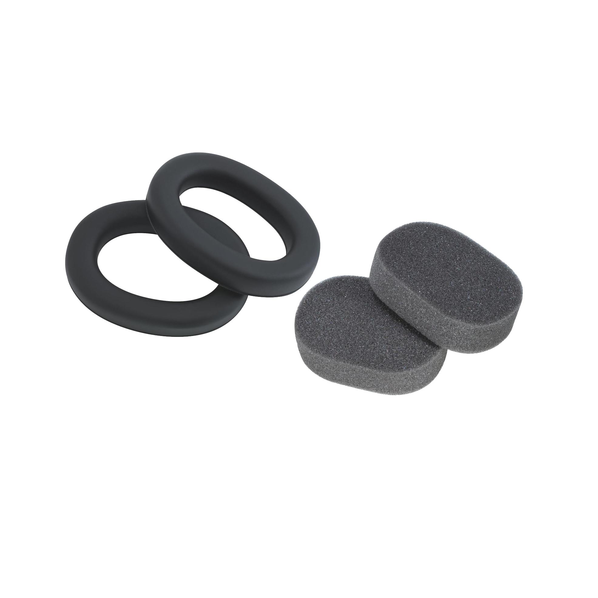 Schwarze, halbgefaltete Dichtkissen des Hygienekit uvex K10 für Kapselgehörschutz, mit zwei rechteckigen, grauen Austausch-Polstereinsätzen.