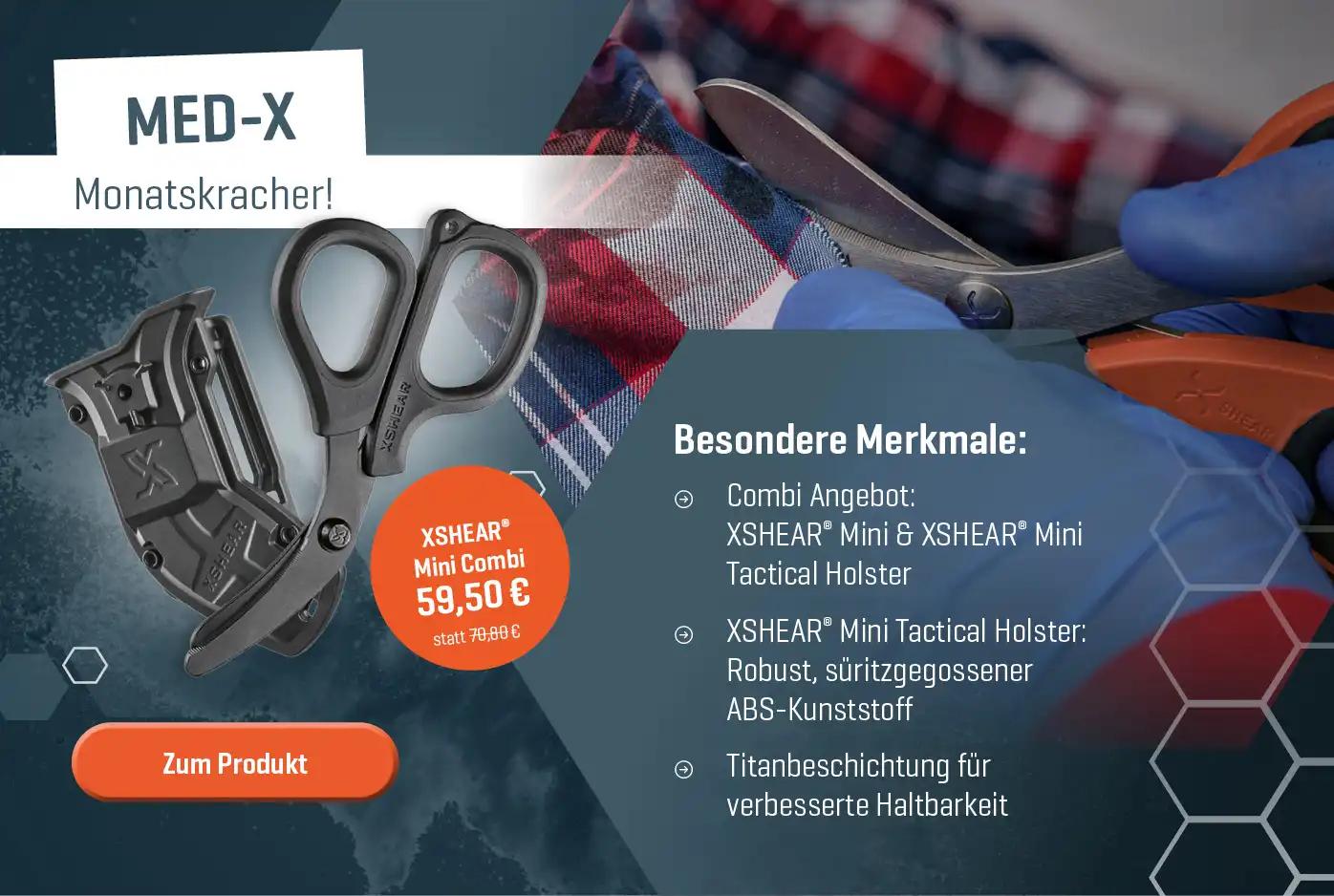 Zwei schwarze XSHEAR Mini Holster, eines davon von blau behandschuhten Händen gehalten, neben deutschsprachigen Produkteigenschaften.