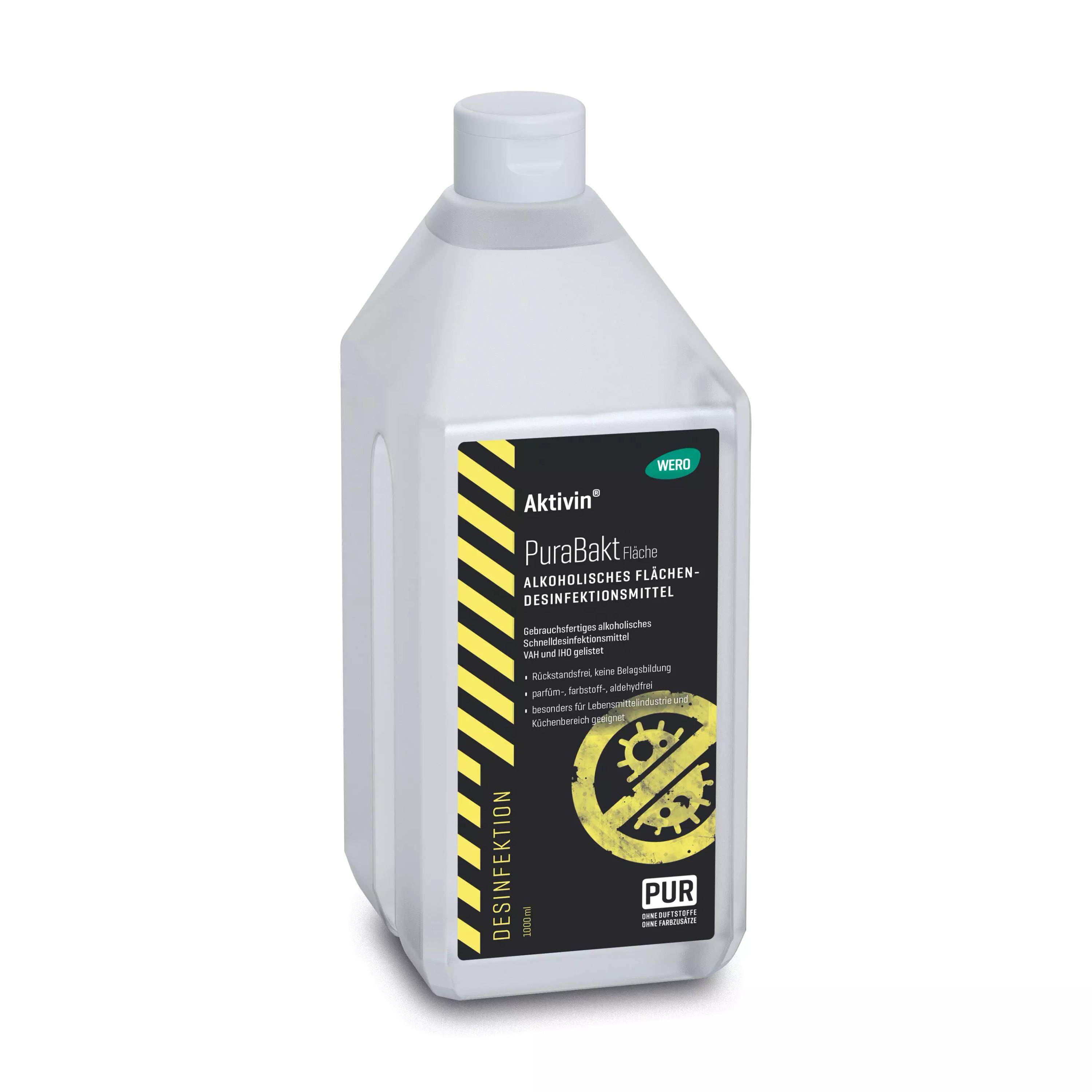 Klarglonzende Flasche Flächendesinfektion Aktivin® PuraBakt 1.000 ml mit gelber Warnsymbolik, weißem Verschluss und auffälligem PUR-Schriftzug auf dem Etikett.