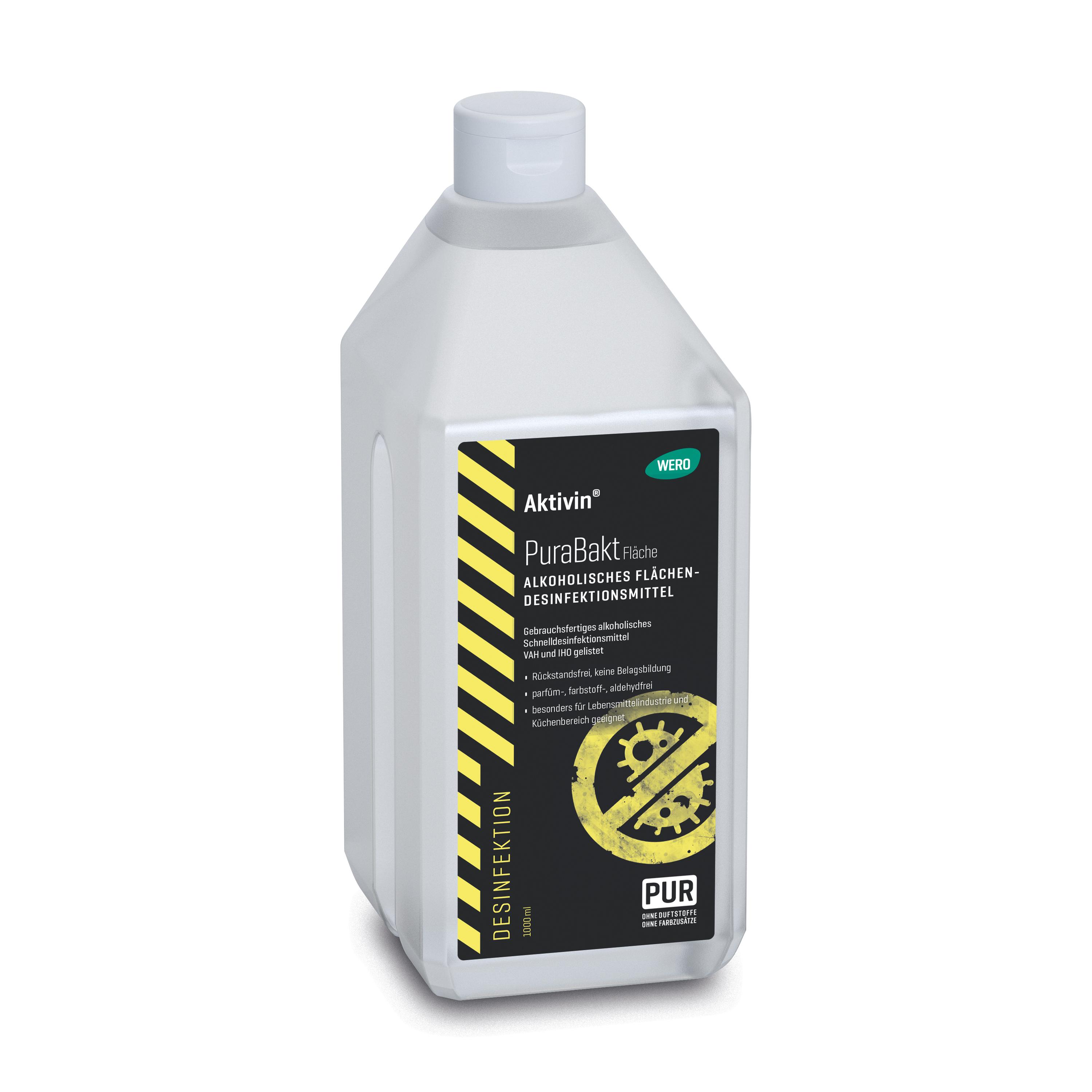 Klarglonzende Flasche Flächendesinfektion Aktivin® PuraBakt 1.000 ml mit gelber Warnsymbolik, weißem Verschluss und auffälligem PUR-Schriftzug auf dem Etikett.