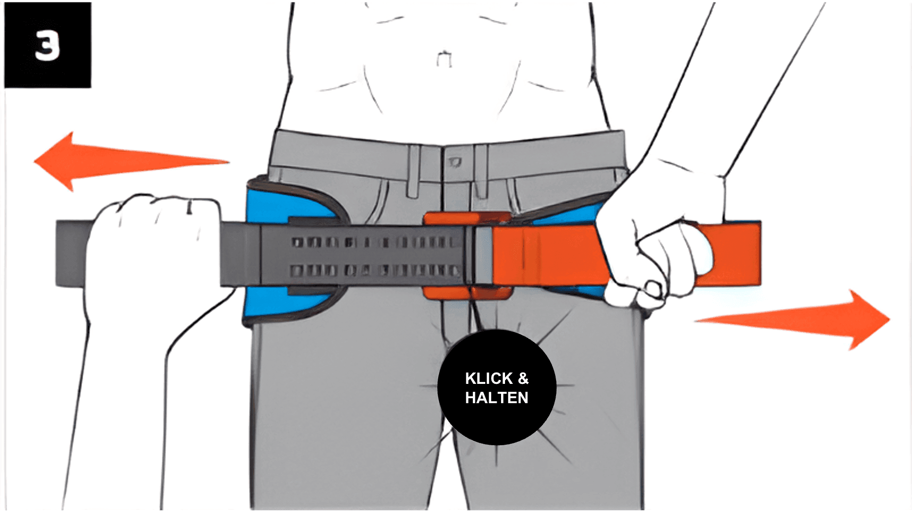 Anleitung zur Befestigung eines Hosenbunds mit Klickverschluss, Hände führen das Band gemäß orangen Pfeilen um die Taille.