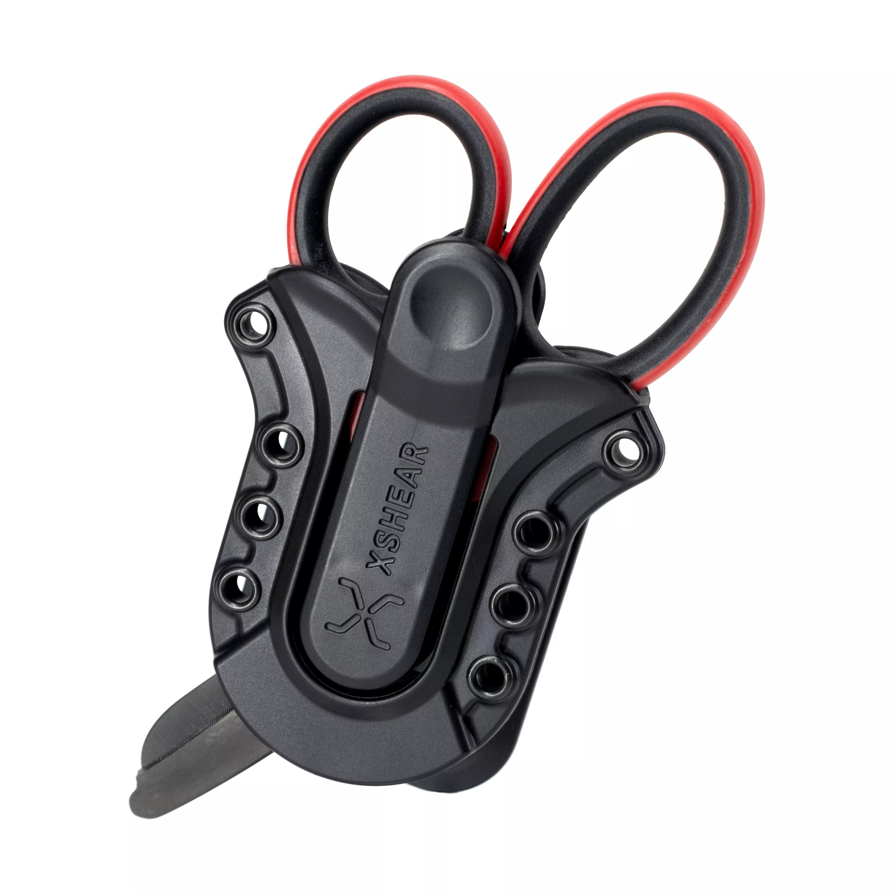 Schwarze Erste-Hilfe-Schere mit roten Griffen und gebogener Klinge in schwarzem Etui mit rotem Verschluss und X-Shear Aufdruck.