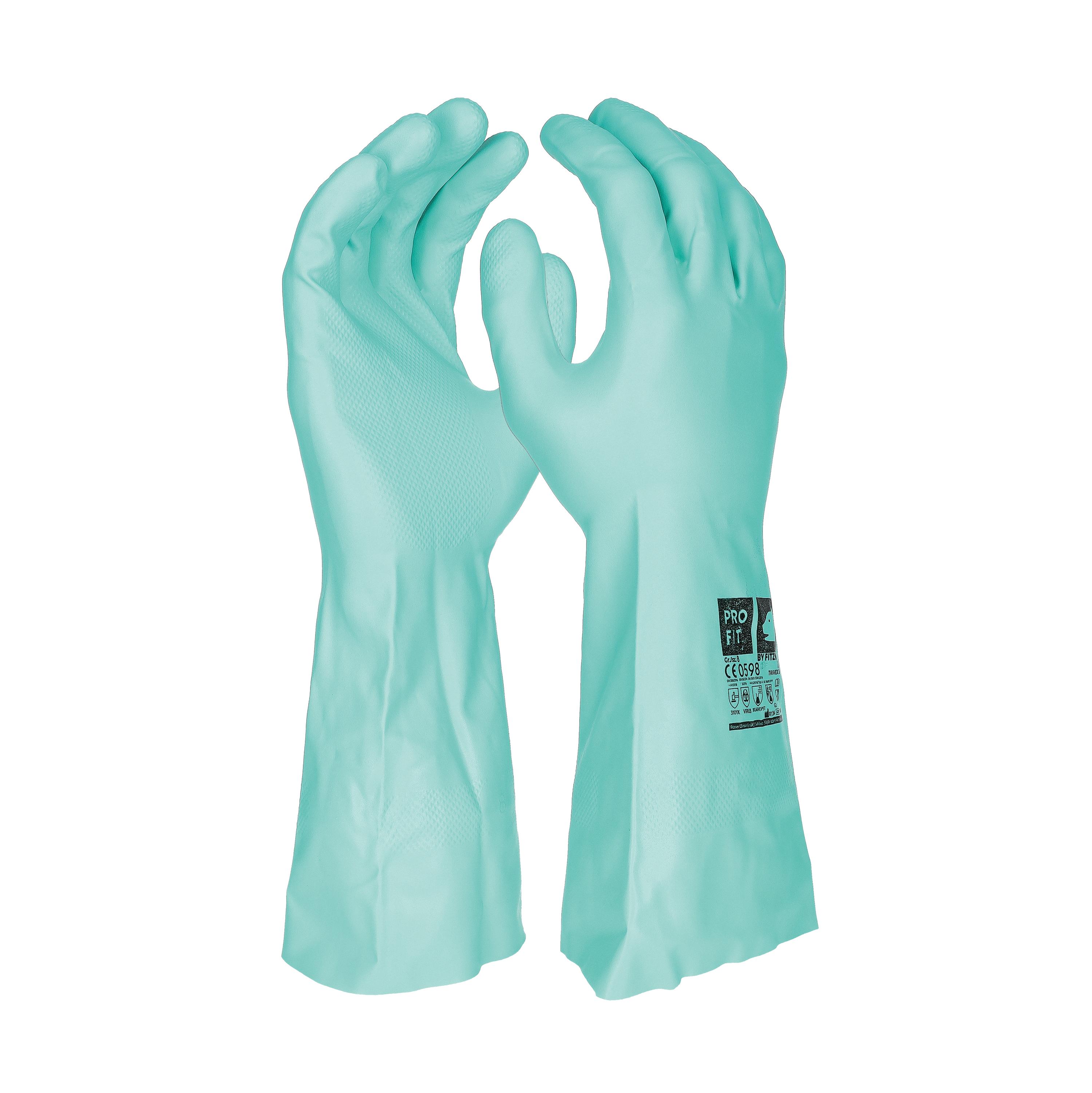 Ein Chemikalienschutzhandschuh Nitril 33 in Grün zeigt eine leicht geöffnete Handfläche, Fingerspitzen mit Wabenprofil, flexibles Material.