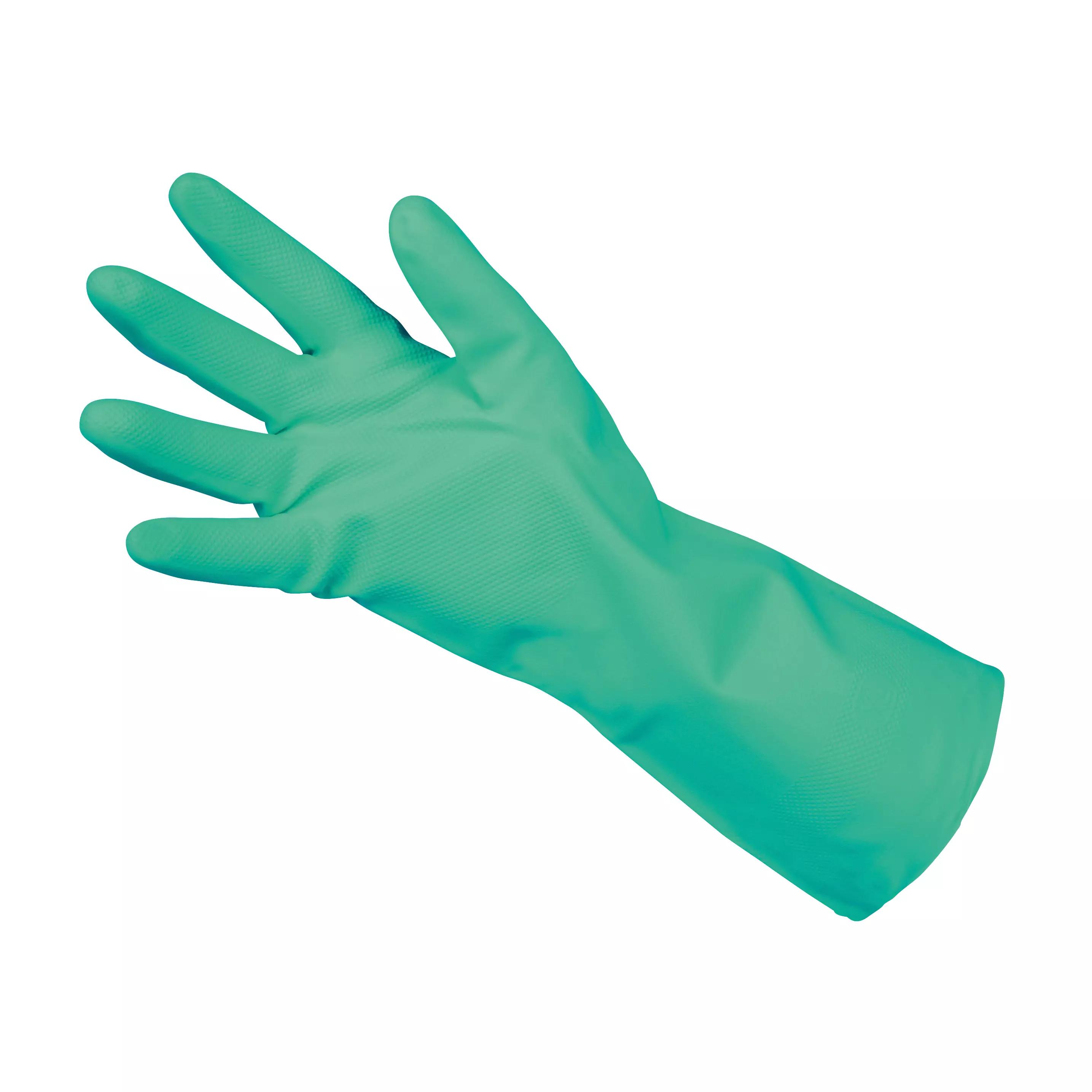 Ein Chemikalienschutzhandschuh Nitril 33 in Grün zeigt eine leicht geöffnete Handfläche, Fingerspitzen mit Wabenprofil, flexibles Material.
