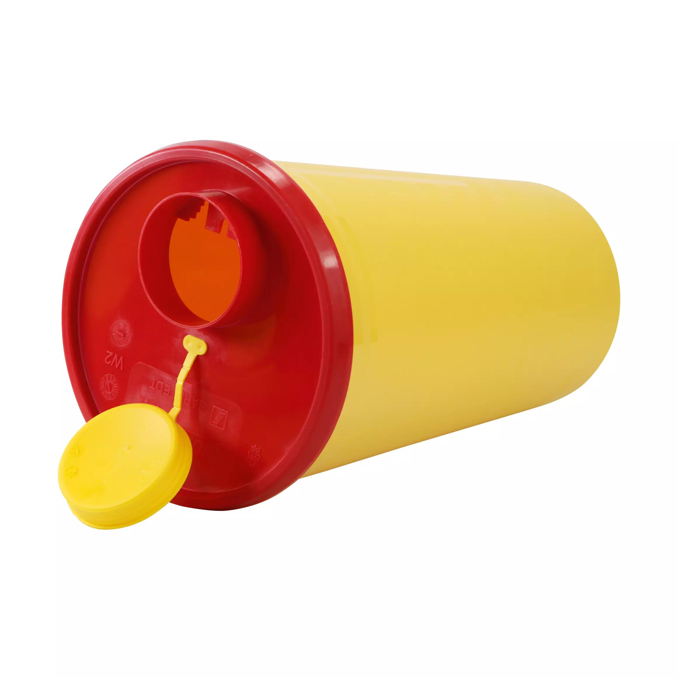 Kanülensammler - 0,2 Liter aus gelbem Polypropylen mit rotem Deckel, geöffnet, zeigt Zuglasche und kleine Einwurföffnung.