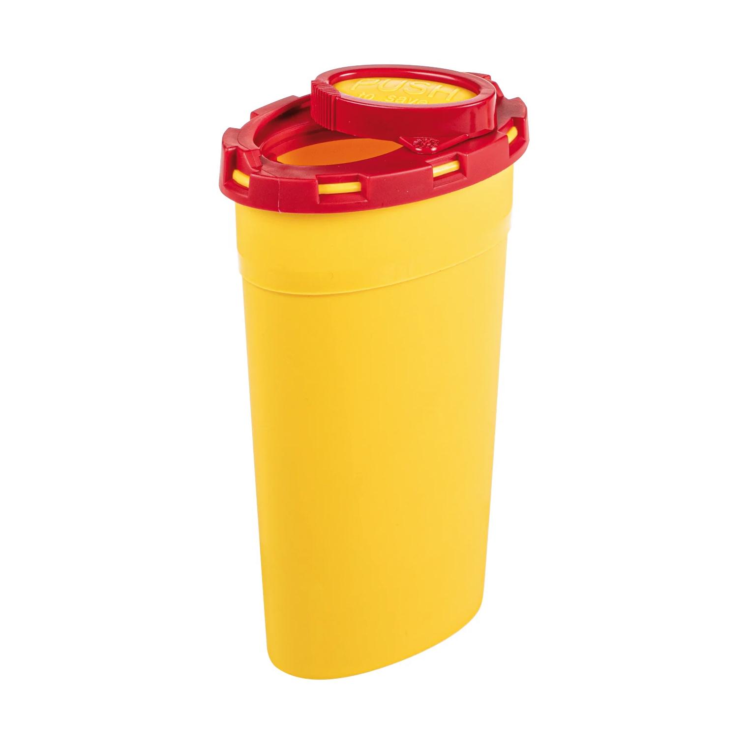 Kanülensammler - 0,2 Liter aus gelbem Polypropylen mit rotem Deckel, geöffnet, zeigt Zuglasche und kleine Einwurföffnung.