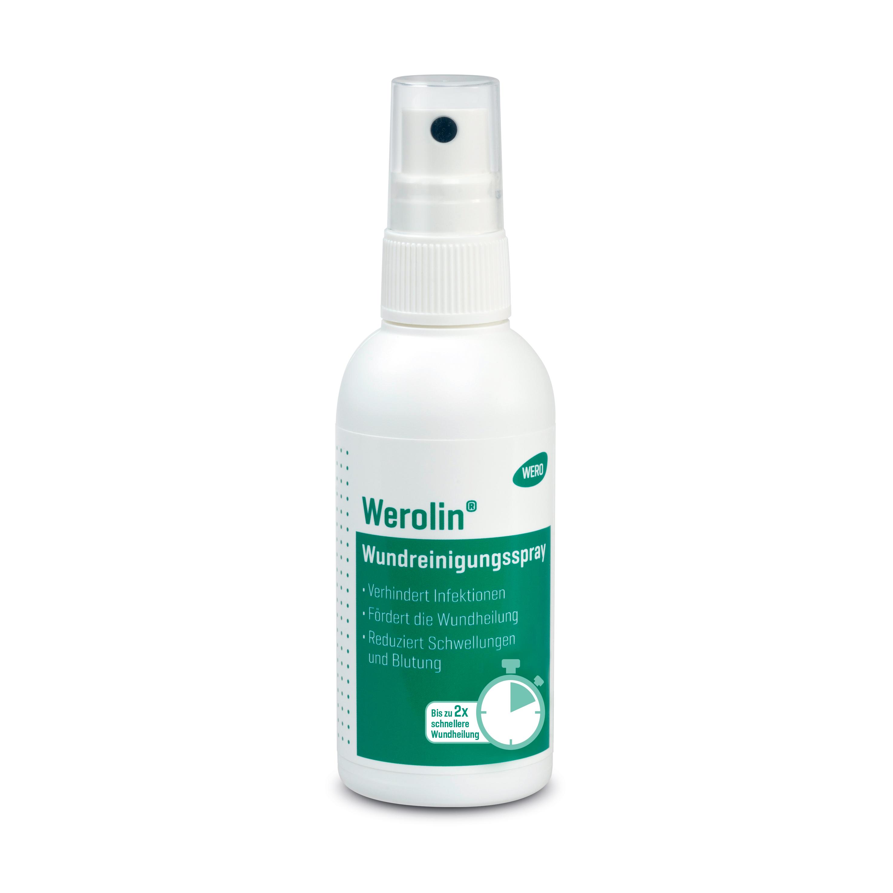 Weiße Sprühflasche Werolin® Wundreinigungsspray, 75 ml, mit grünem Etikett, antibakteriell, alkoholfrei, zur schmerzfreien Wundreinigung.