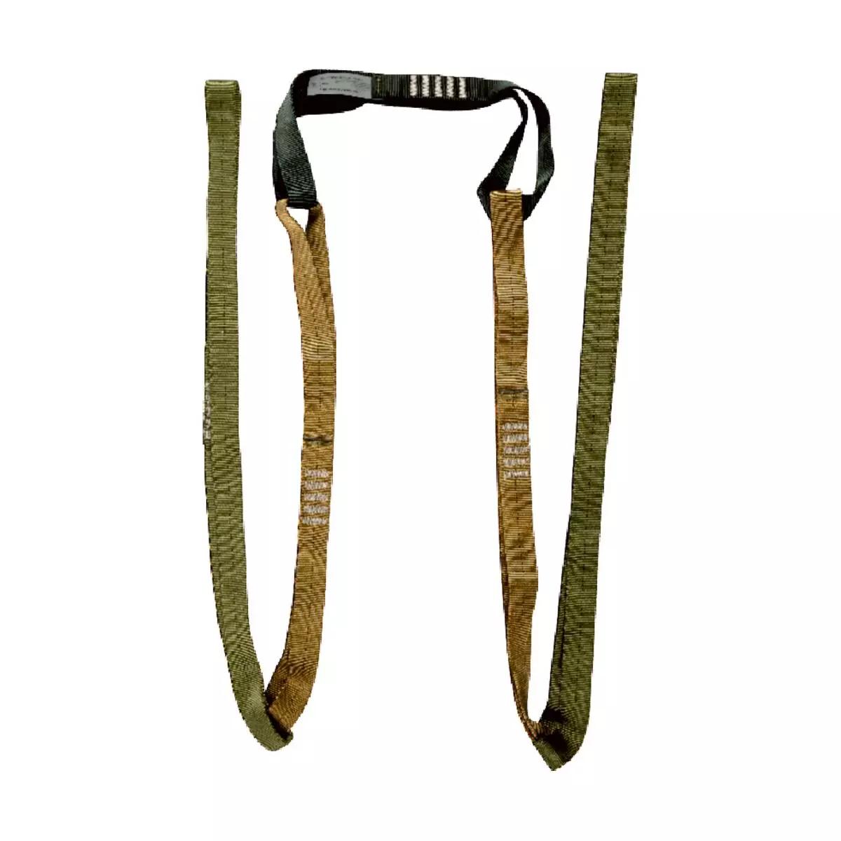 Zwei braune Gurte der TREMA Rescue Sling (TRS) mit weißen Markierungen, leicht, kompakt und vielseitig mit fünf vernähten Schlaufen sowie schwarzem Griff.
