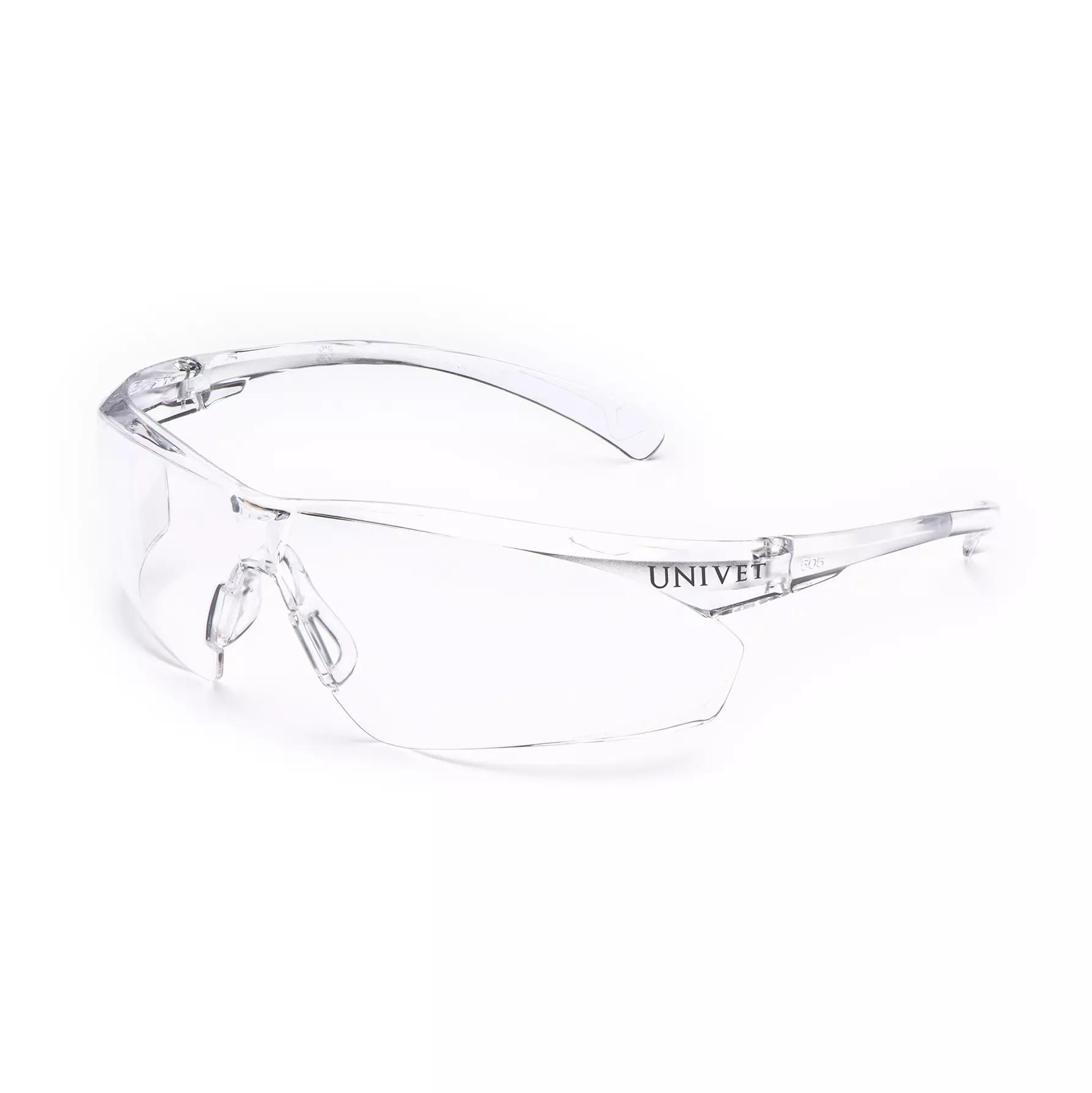Schutzbrille Light View mit transparenten, gebogenen Rahmen, klaren Bügeln und UNIVET Logo, modern gestaltet für maximalen Tragekomfort.