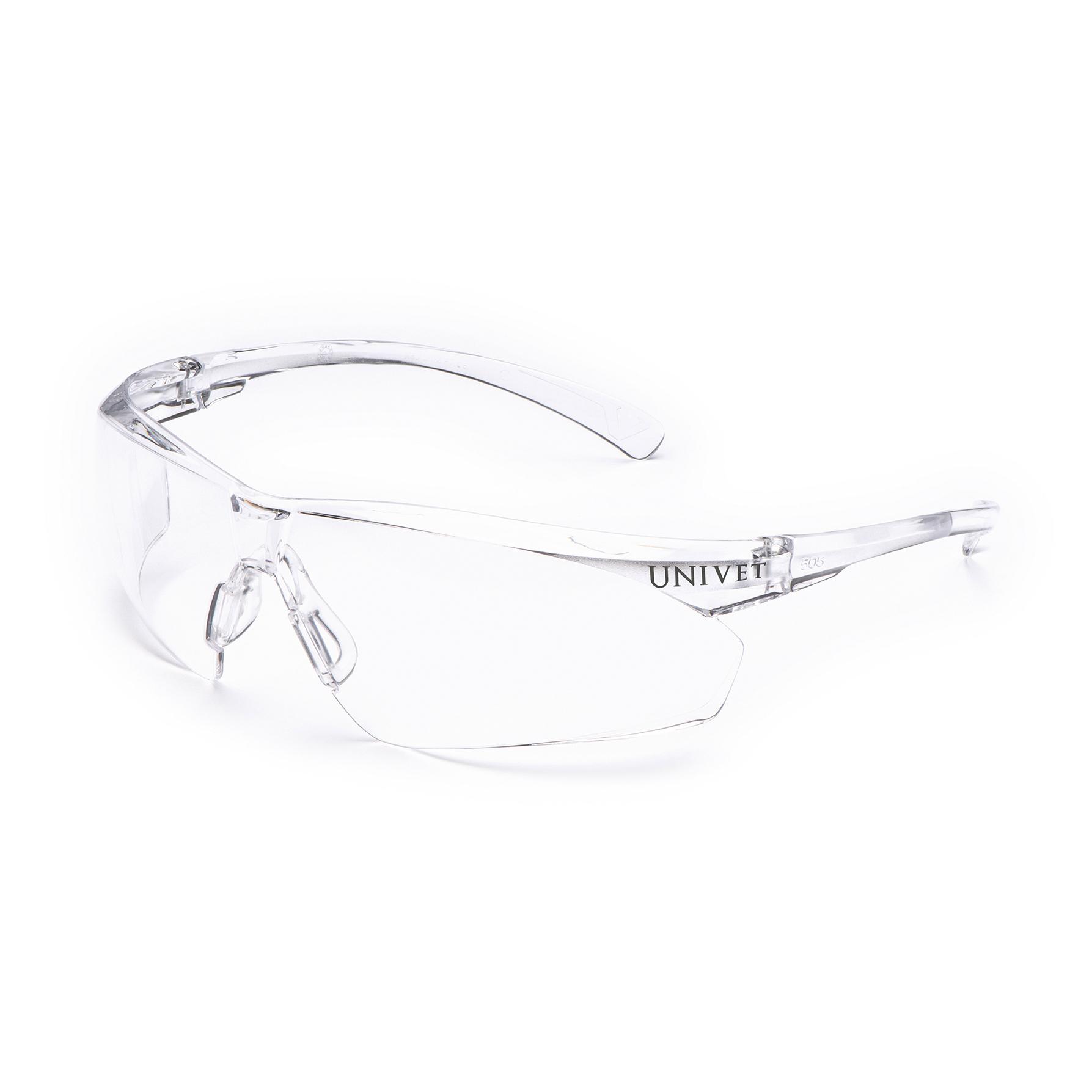 Schutzbrille Light View mit transparenten, gebogenen Rahmen, klaren Bügeln und UNIVET Logo, modern gestaltet für maximalen Tragekomfort.