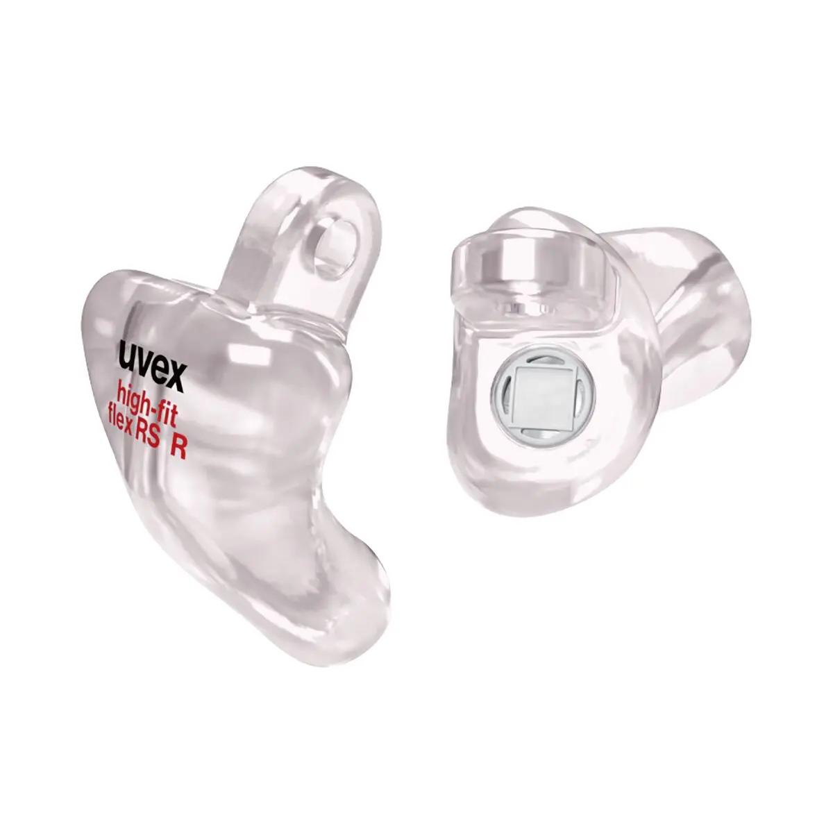 Zwei transparente uvex high-fit flex RS 22 HC Otoplastiken mit linearem Filtersystem und halb-Concha Bauform, ein Stecker zeigt das Etikett.