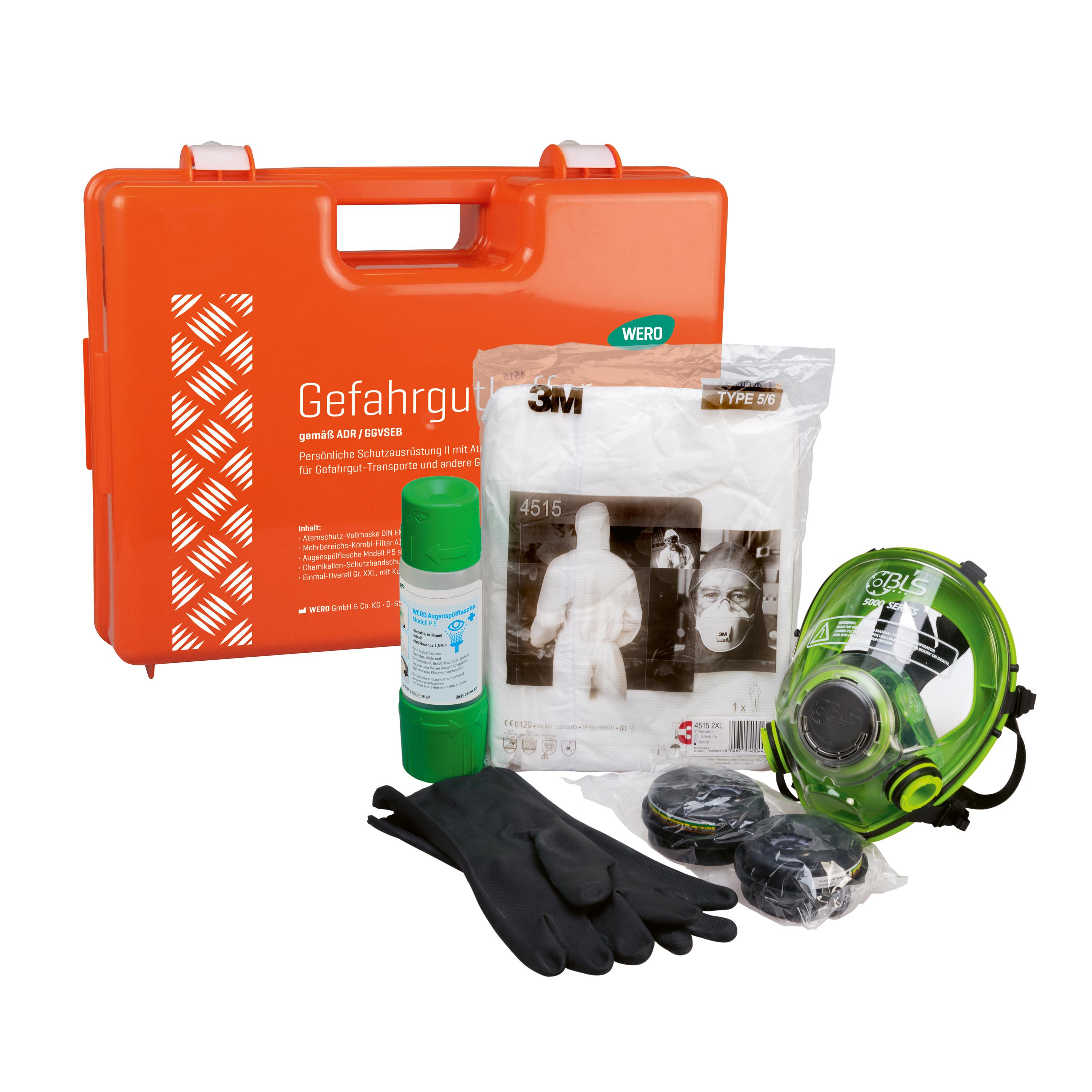 Gefahrgutkoffer mit Vollmaske geöffnet mit grüner Atemschutz-Vollmaske, Chemikalien-Schutzhandschuhen und zwei Kombi-Filtern in transparenter Verpackung.