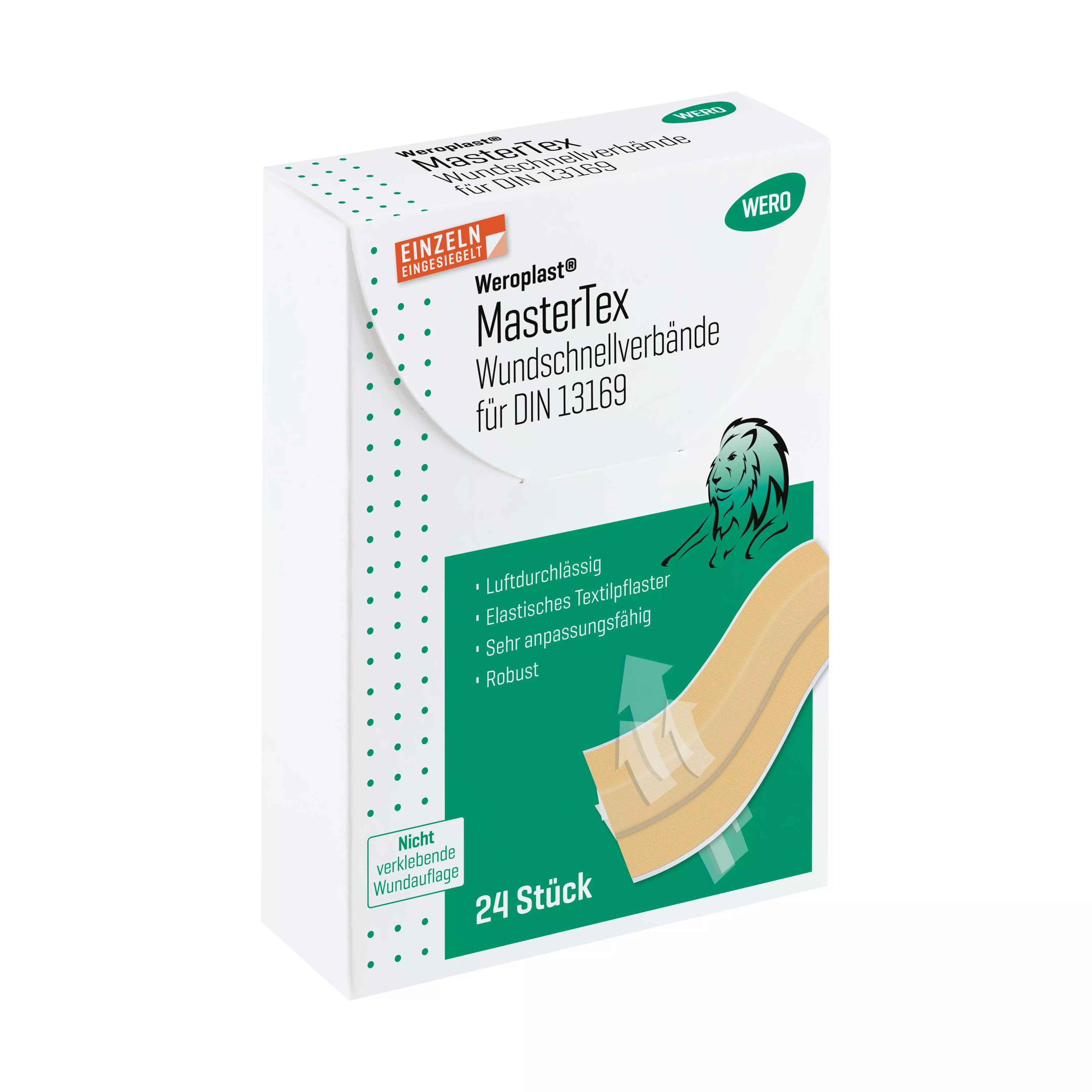 Eine Packung Pflasterset Weroplast® MasterTex - Wundschnellverbände DIN 13169 / 14142 mit grünem Etikett, 24 Stück, und Löwenmotiv auf der Vorderseite.