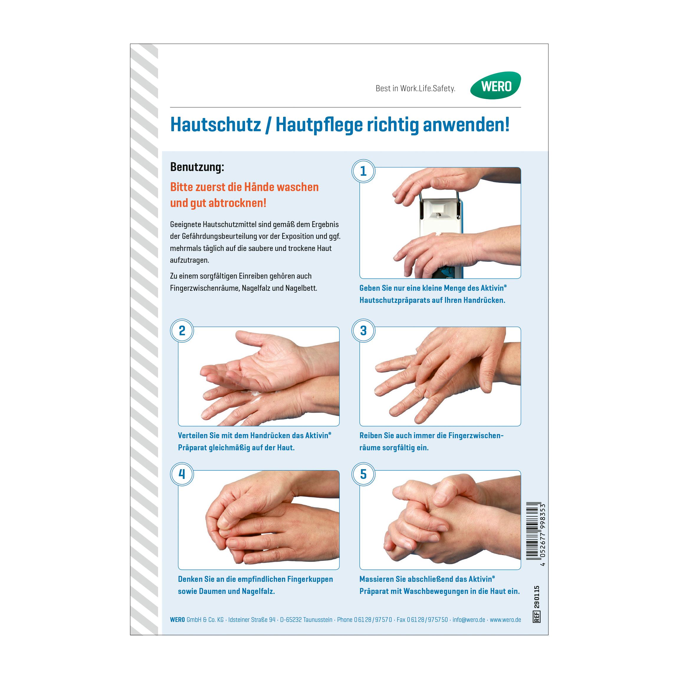 Hinweisschild: Hautschutz/Hautpflege richtig anwenden! mit sechs bebilderten Schritten zu korrektem Händewaschen und Trocknen zur Infektionsprävention.