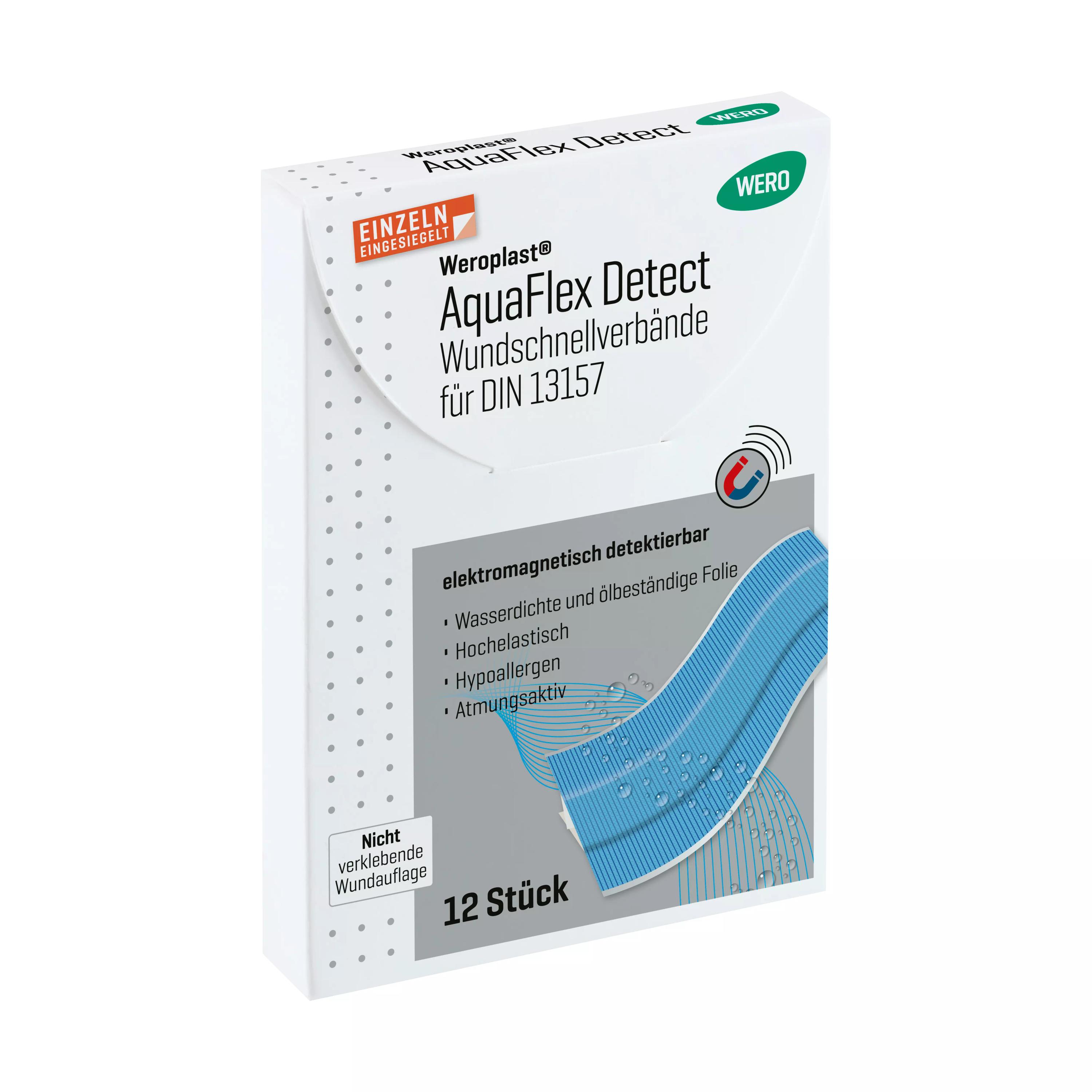 Eine rechteckige Box Weroplast® AquaFlex Detect Pflaster - Wundschnellverbände DIN 13157 mit blauer, elastischer und wasserdichter Folie.