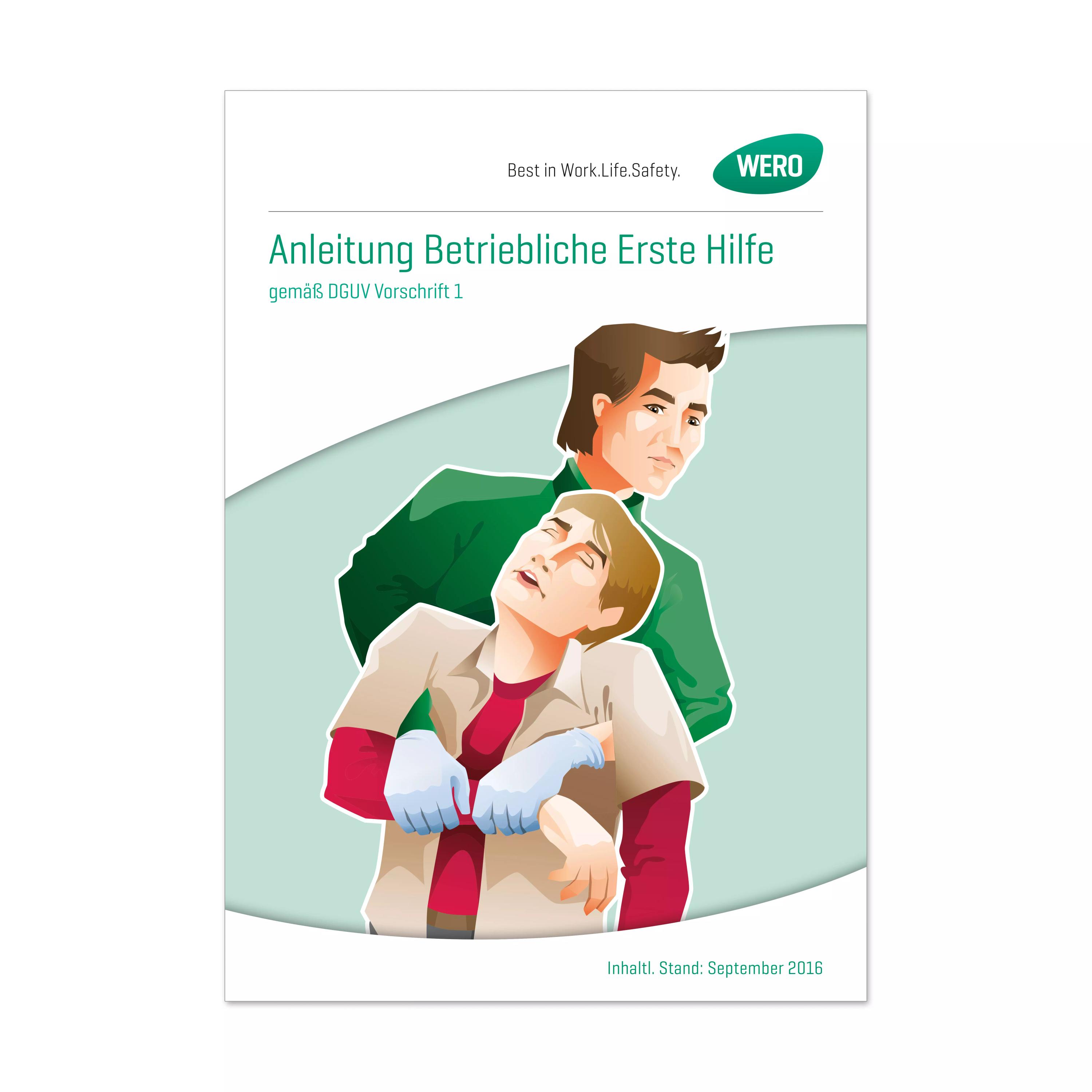 Ein Mann hilft einem anderen auf dem Cover der WERO Anleitung Betriebliche Erste Hilfe, einem DIN A5 Handbuch mit erweiterten Hinweisen.
