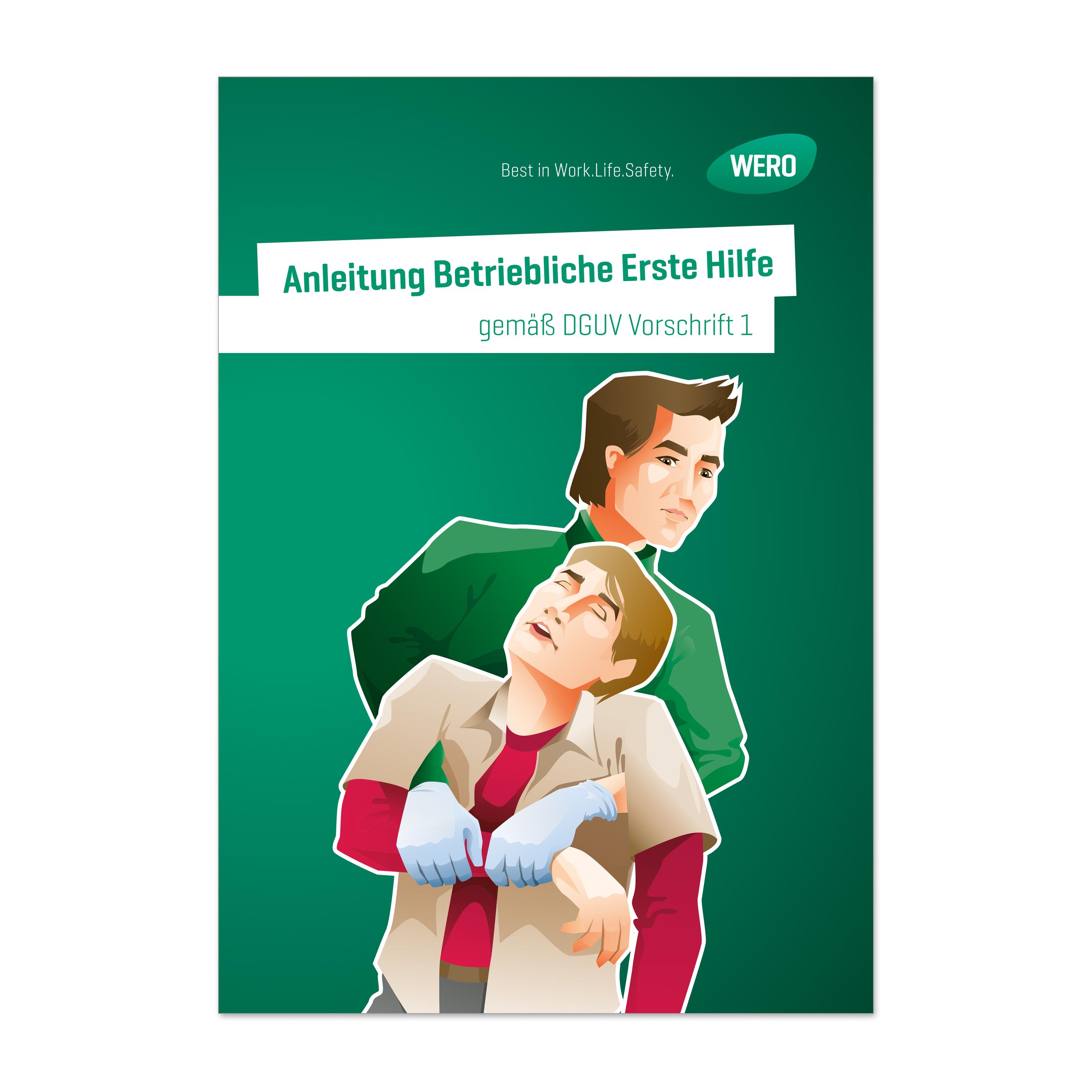 Ein Mann hilft einem anderen auf dem Cover der WERO Anleitung Betriebliche Erste Hilfe, einem DIN A5 Handbuch mit erweiterten Hinweisen.