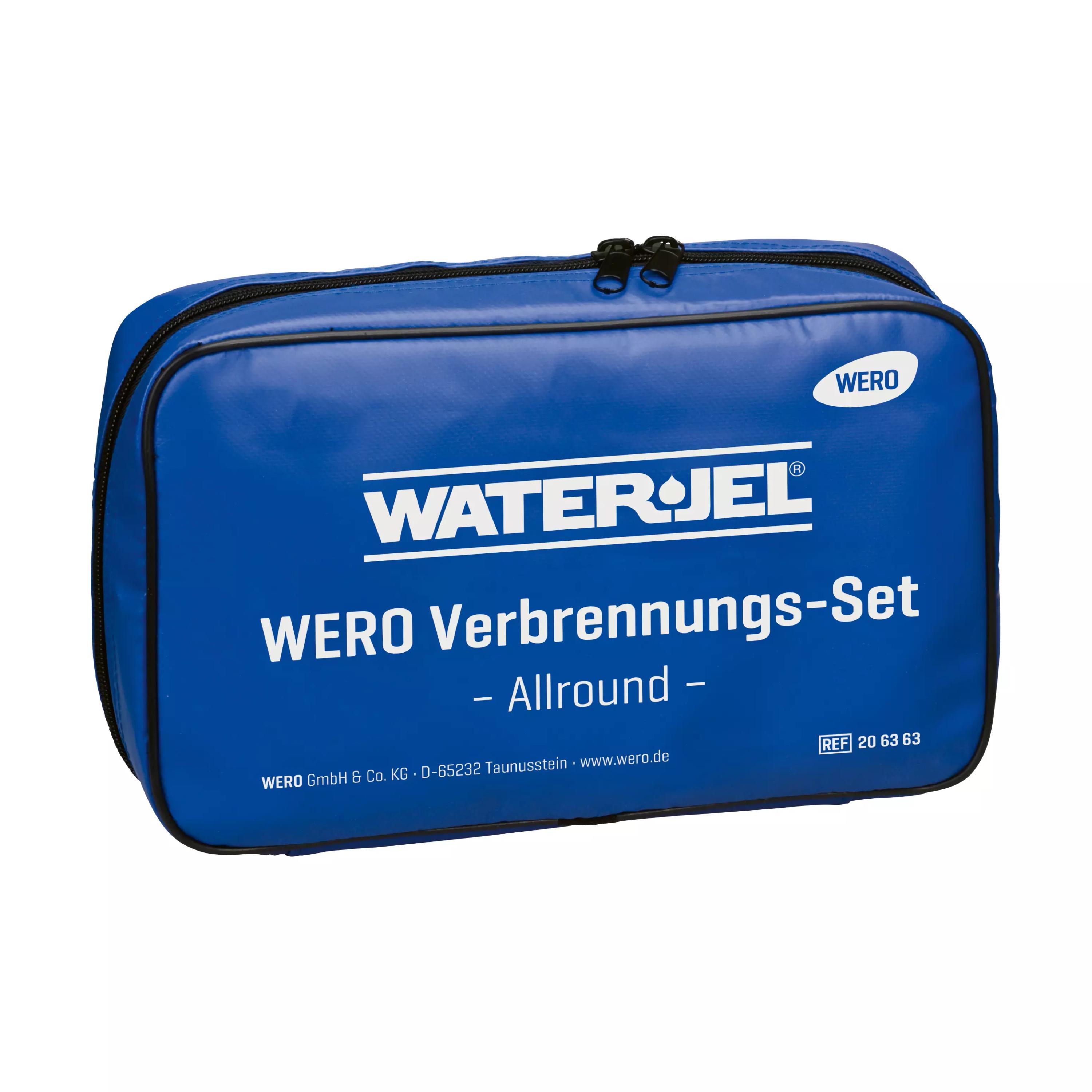 Blaues WERO Verbrennungs-Set, Allround - Tasche mit schwarzen Reißverschlüssen und weißer Beschriftung, rechteckig mit schwarzem Rand.