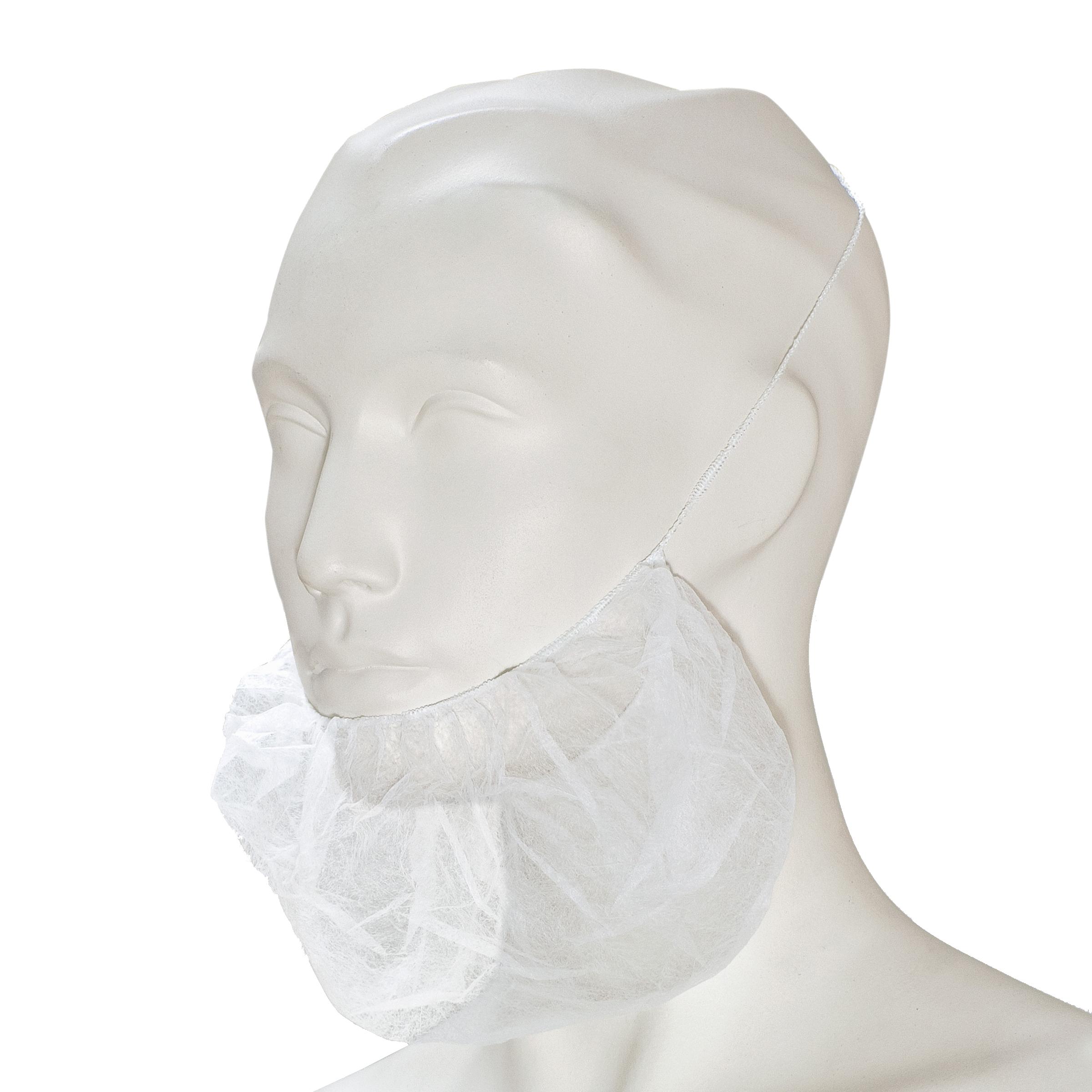 Ein weißes Bartmaske, weiß, 100 Stk bedeckt die untere Gesichtshälfte einer Schaufensterpuppe, besteht aus atmungsaktivem Vlies und wird mit zwei latexfreien Bändern gehalten.