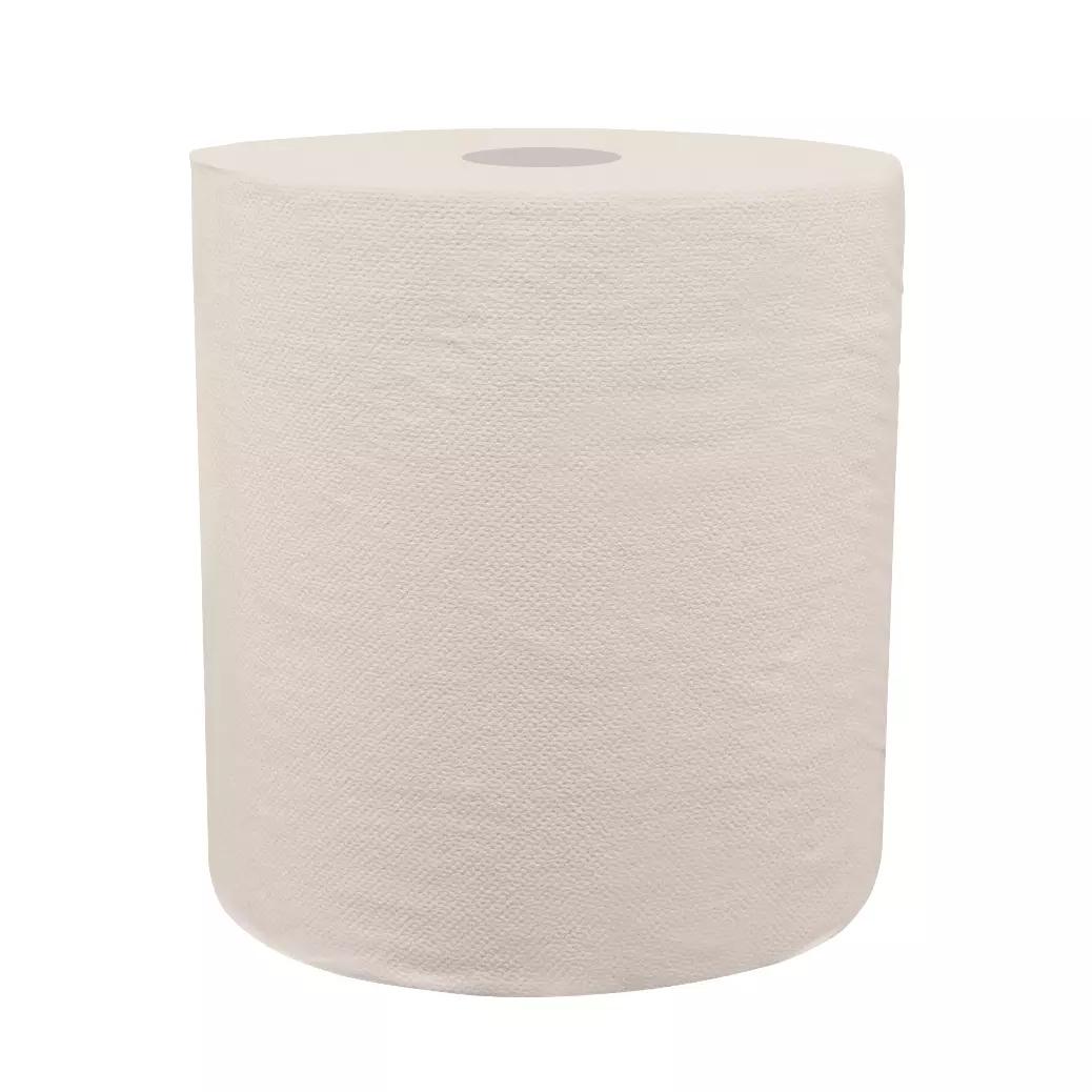 Eine einzelne Rolle Handtuchpapier ZEL-TAD mit leicht strukturierter, cremeweißer Oberfläche und sichtbarem Loch in der Mitte.