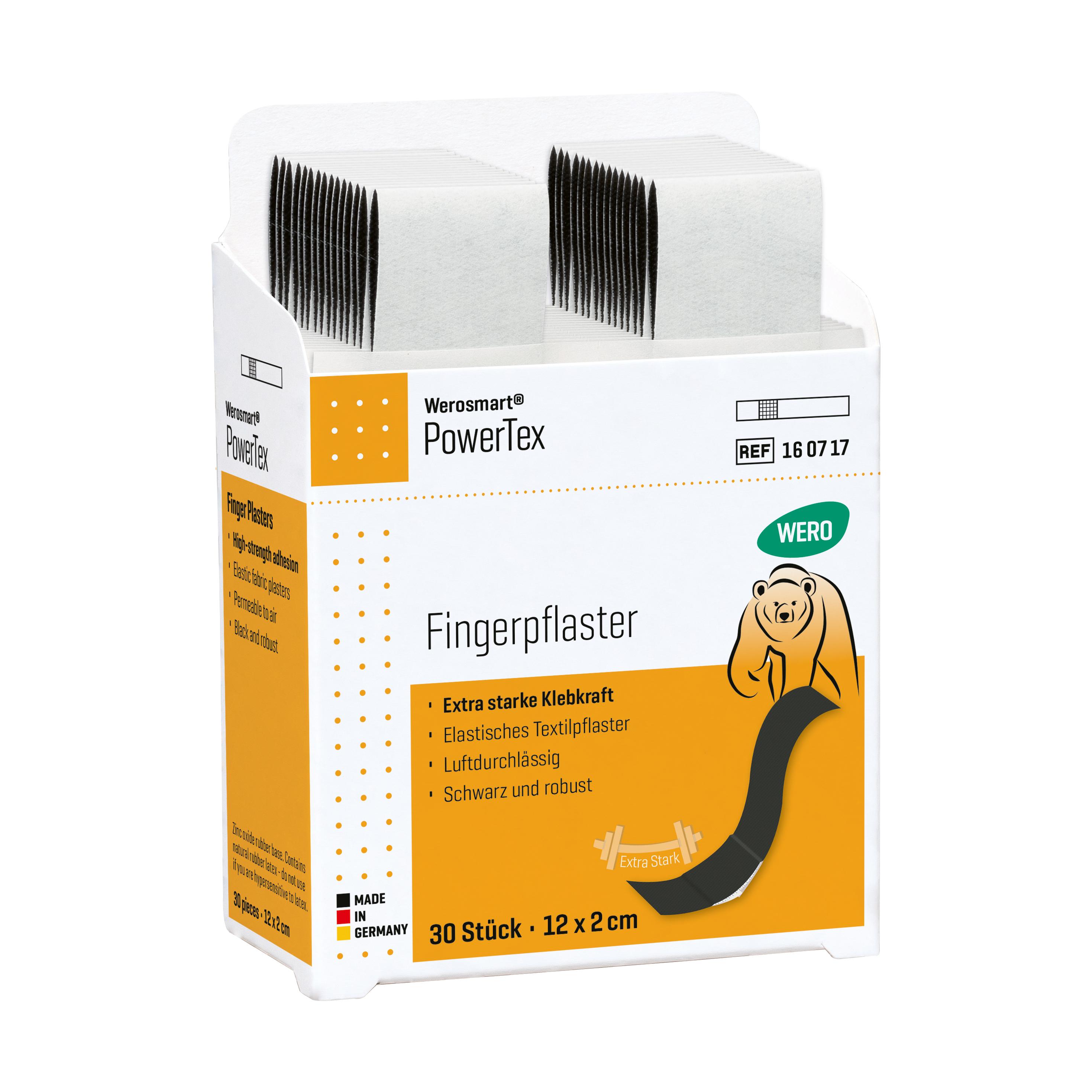 Eine weiße Verpackung Werosmart® PowerTex Pflasterspender-Einsätze Fingerpflaster mit orange-gelbem Etikett, extra starker Klebkraft und elastischem, robustem Textilgewebe.