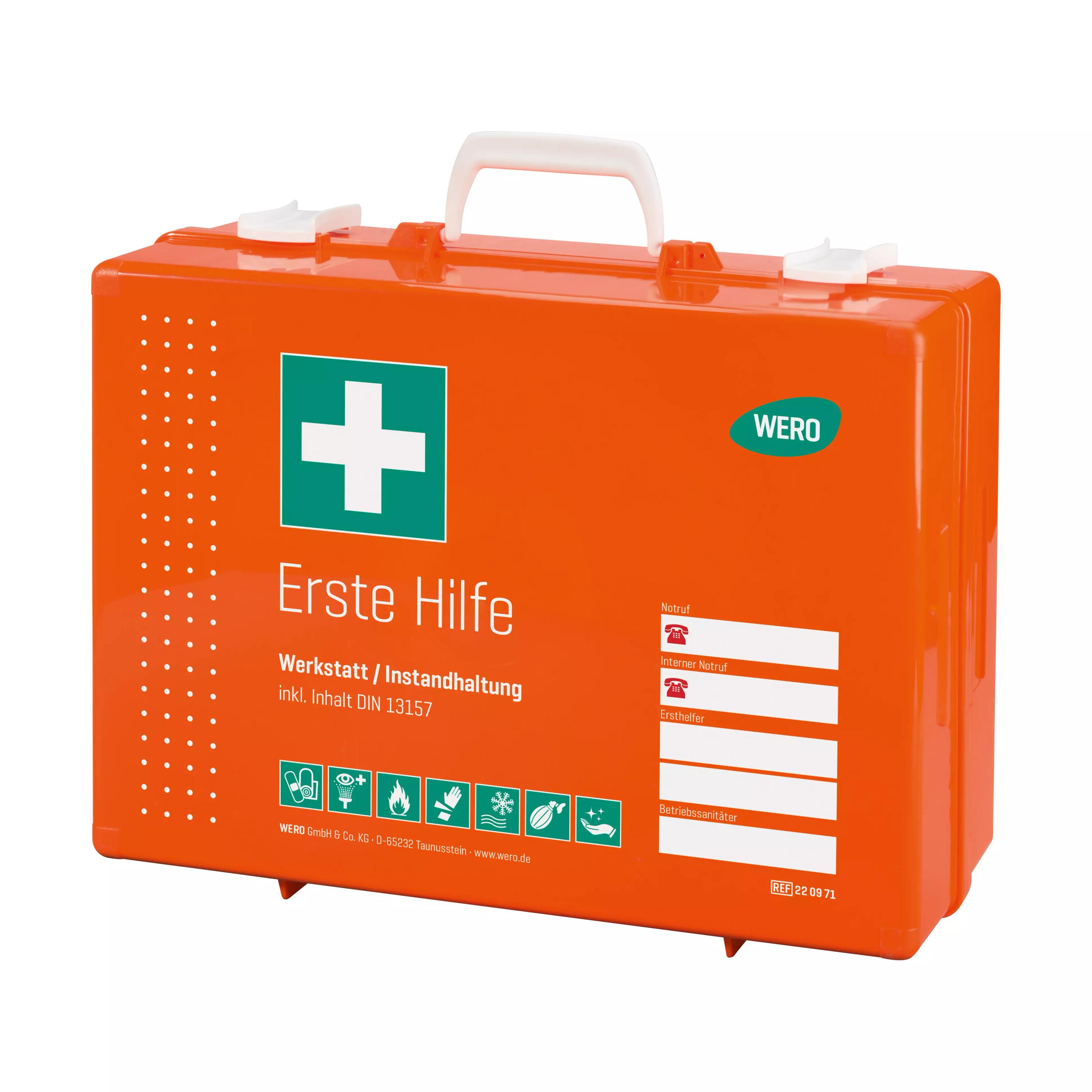 Ein roter Werotop® 450 Erste Hilfe Koffer Werkstatt / Instandhaltung DIN 13157 aus robustem Kunststoff mit DIN 13157 Füllung, Wundreinigungsspray und zusätzlichem CoolPack.