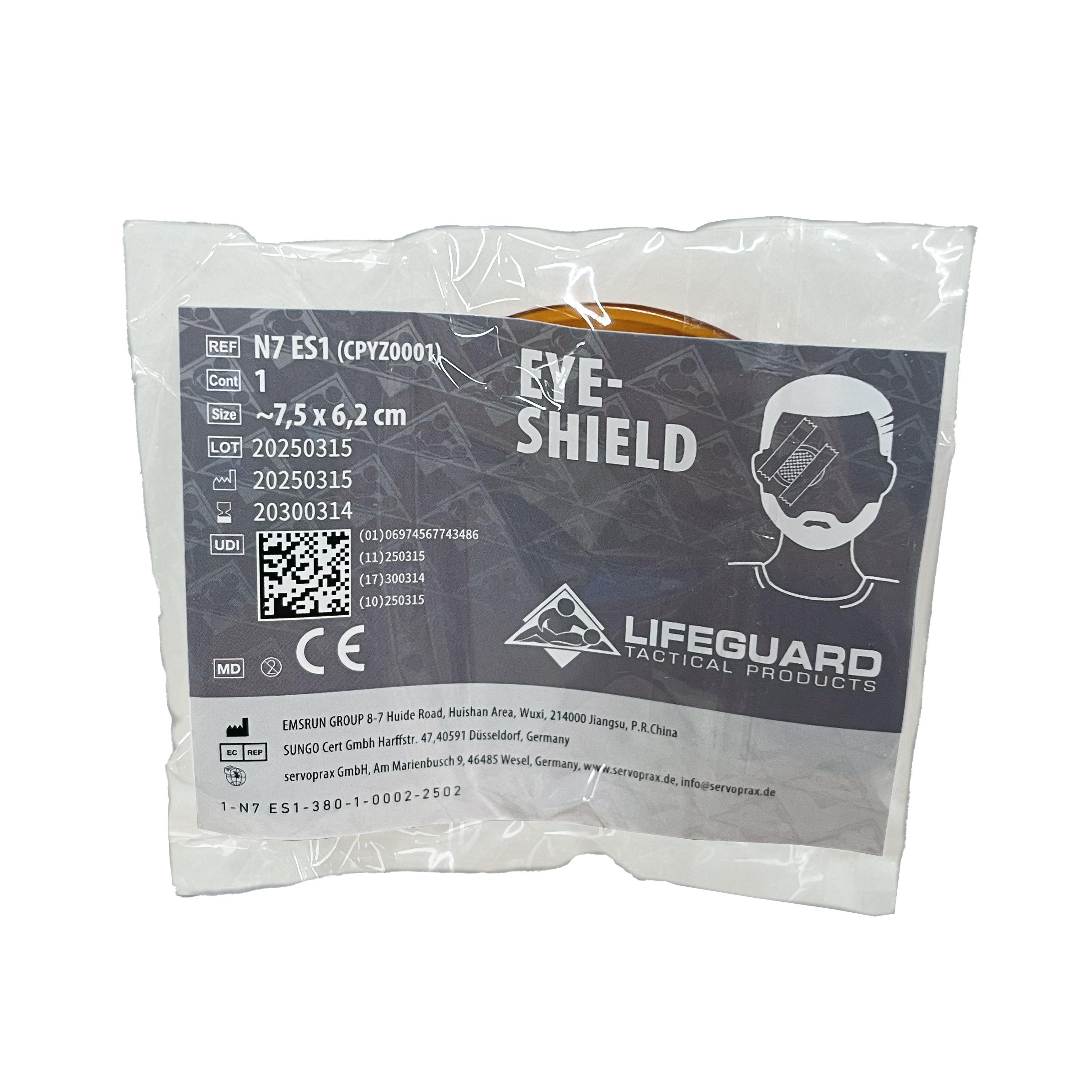 Eine einzeln verpackte Lifeguard Polycarbonate Eye Shield / Augenschutzkappe aus transparentem Kunststoff mit schwarzem Etikett, stabil und gewölbt.