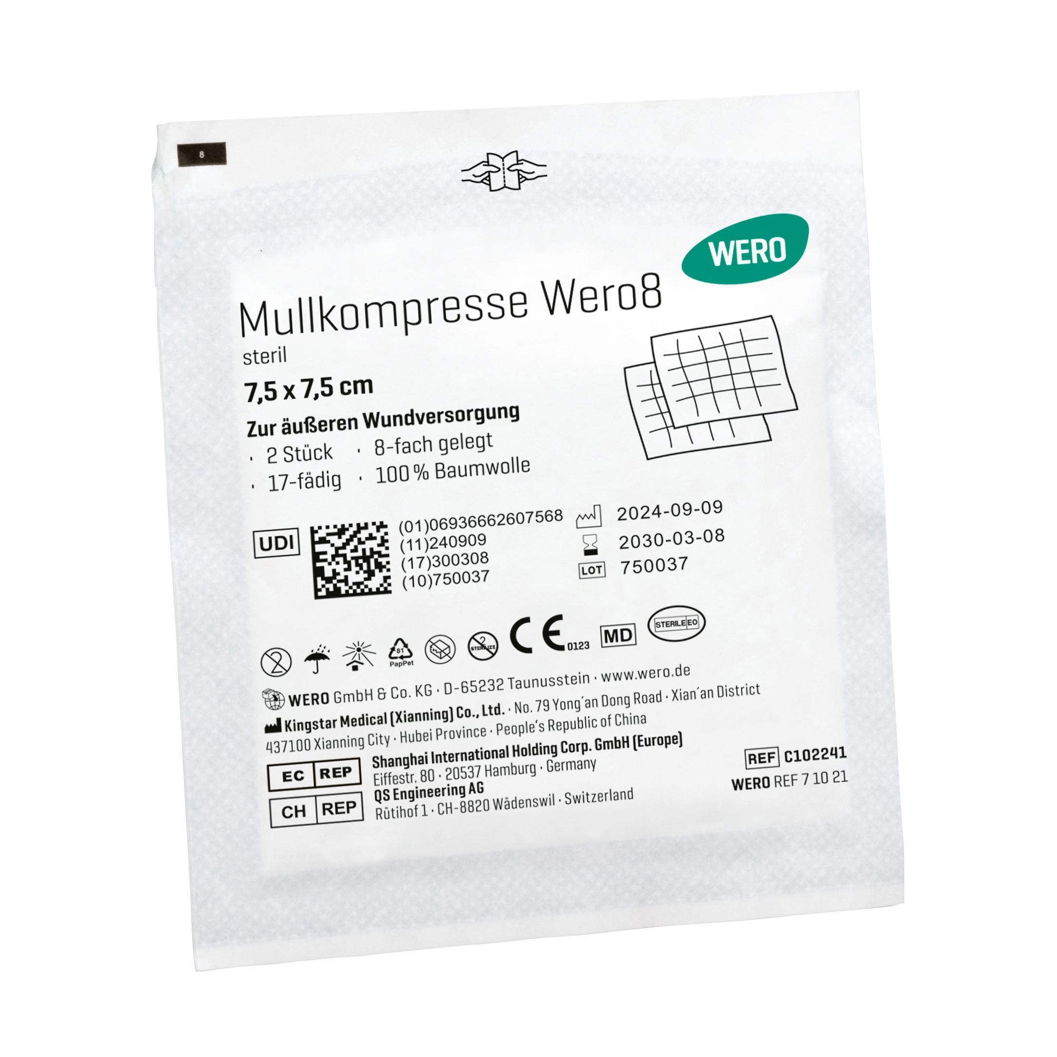 Sterile Mullkompresse Wero8, 7,5 x 7,5 cm, in weißer Verpackung mit Anwendungshinweisen und Produktdetails bedruckt.