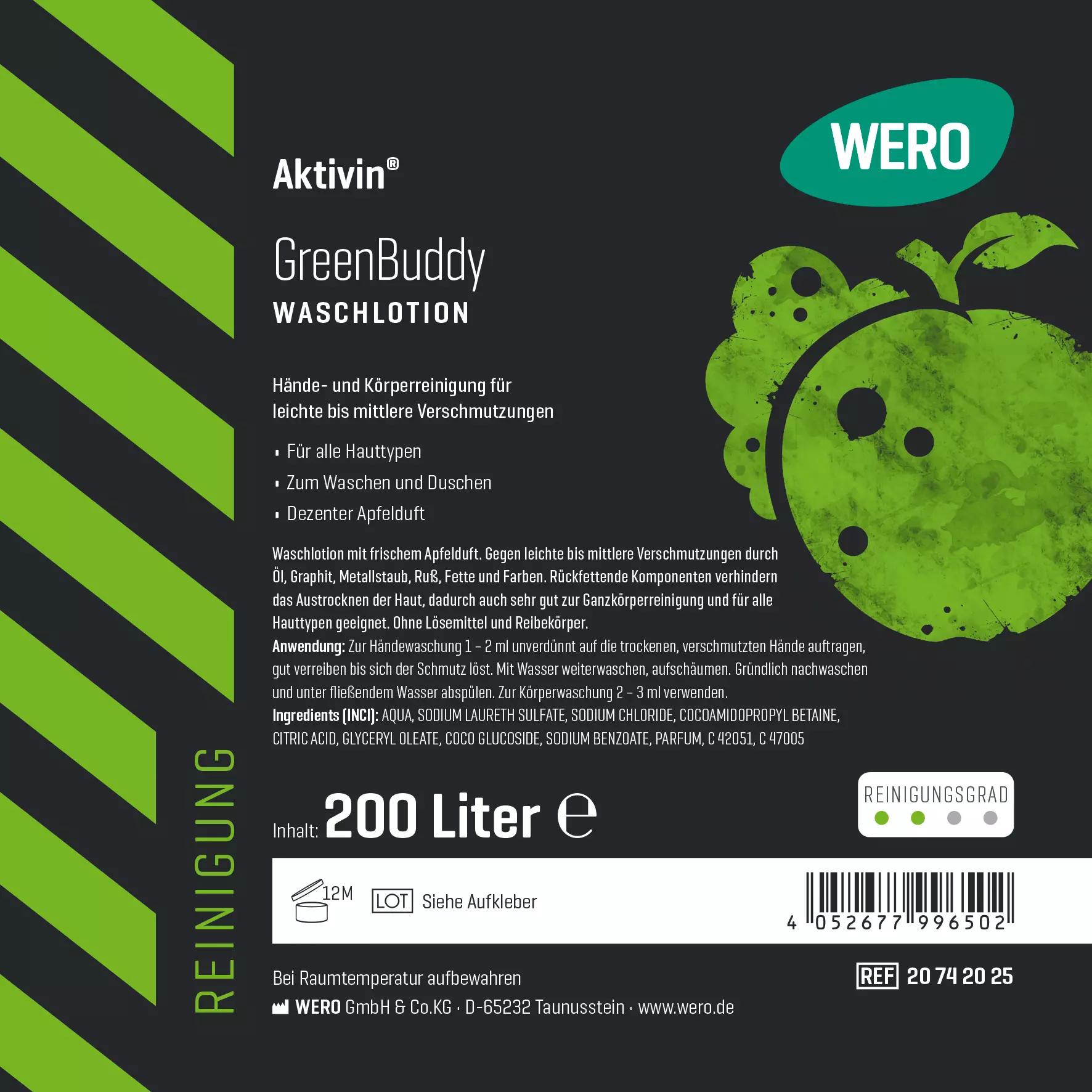 Ein rechteckiges Etikett der Waschlotion Aktivin® GreenBuddy - Fass, 200 Ltr zeigt einen grünen Apfel, verweist auf frischen Apfelduft und Eignung für alle Hauttypen.