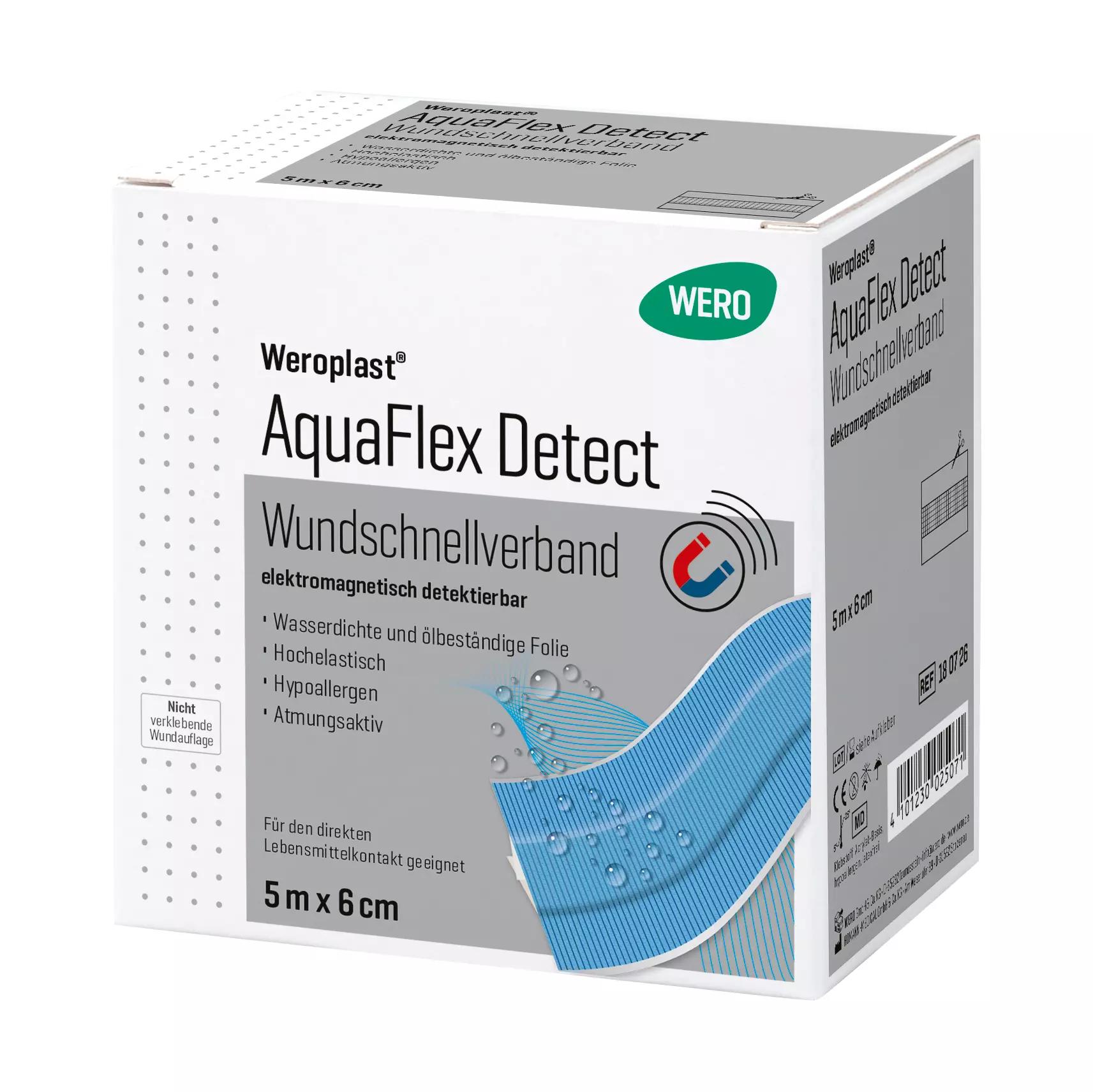 Eine weiße Verpackung mit grauer Schrift trägt die Aufschrift "AquaFlex Detect" und weist auf die Anwendung sowie Inhaltsstoffe wie Hyaluronsäure hin.