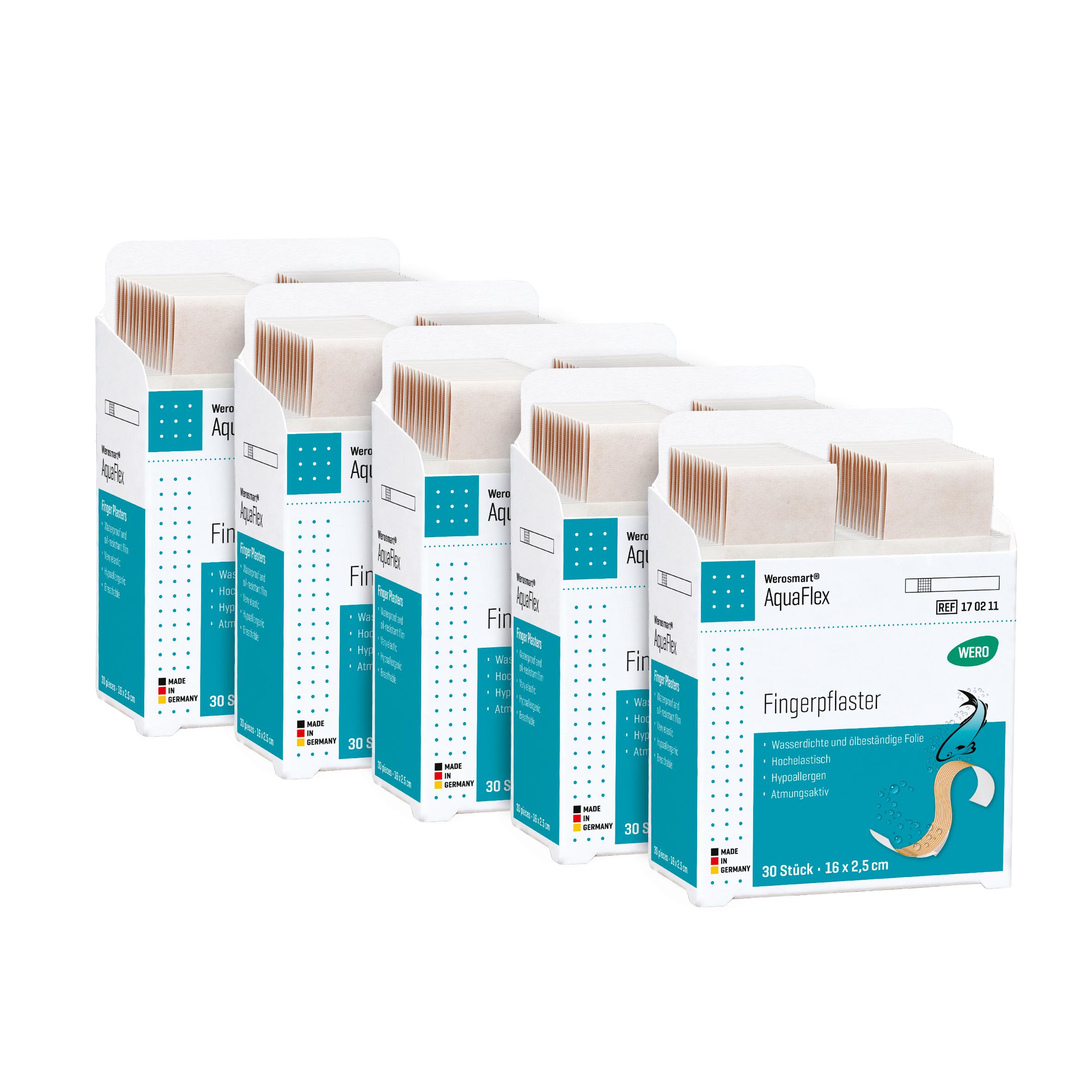 Mehrere Werosmart® AquaFlex Pflasterspender-Einsätze Fingerpflaster in farbigen Boxen mit sichtbaren Piktogrammen und Griff, nebeneinander angeordnet.