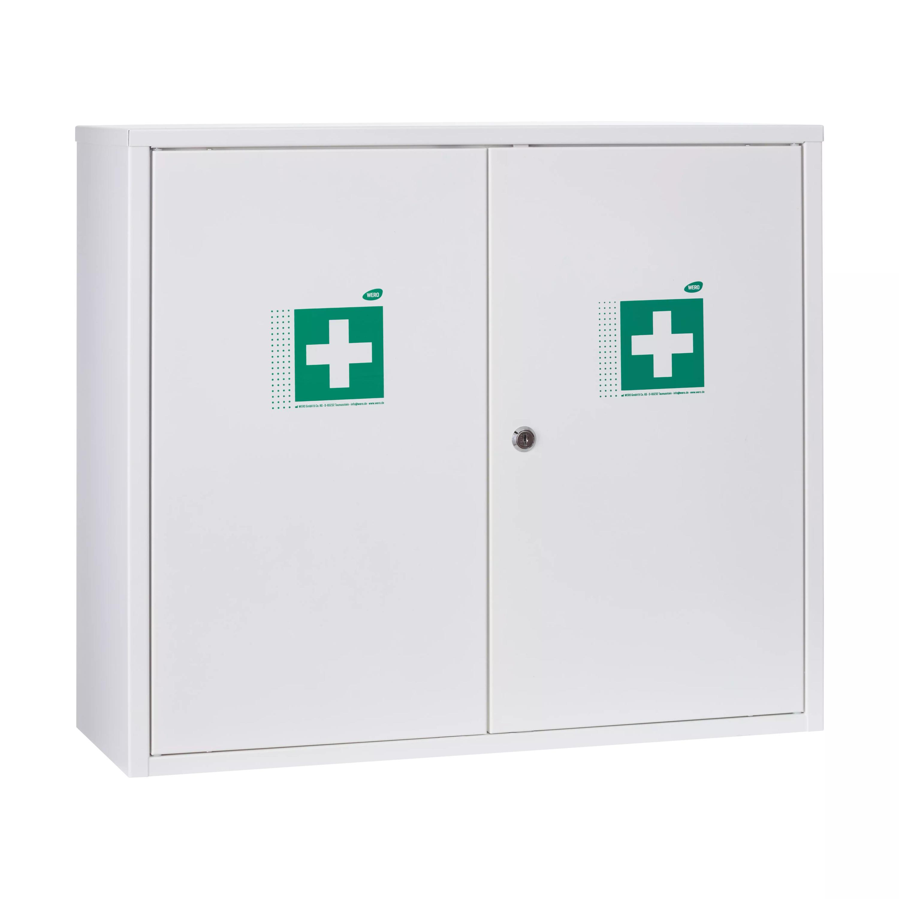 Weißer WERO Verbandschrank DuoDoor XL 500 aus Metall mit zwei Türen, grünem Kreuz und verstellbaren, extra tiefen Zwischenböden.