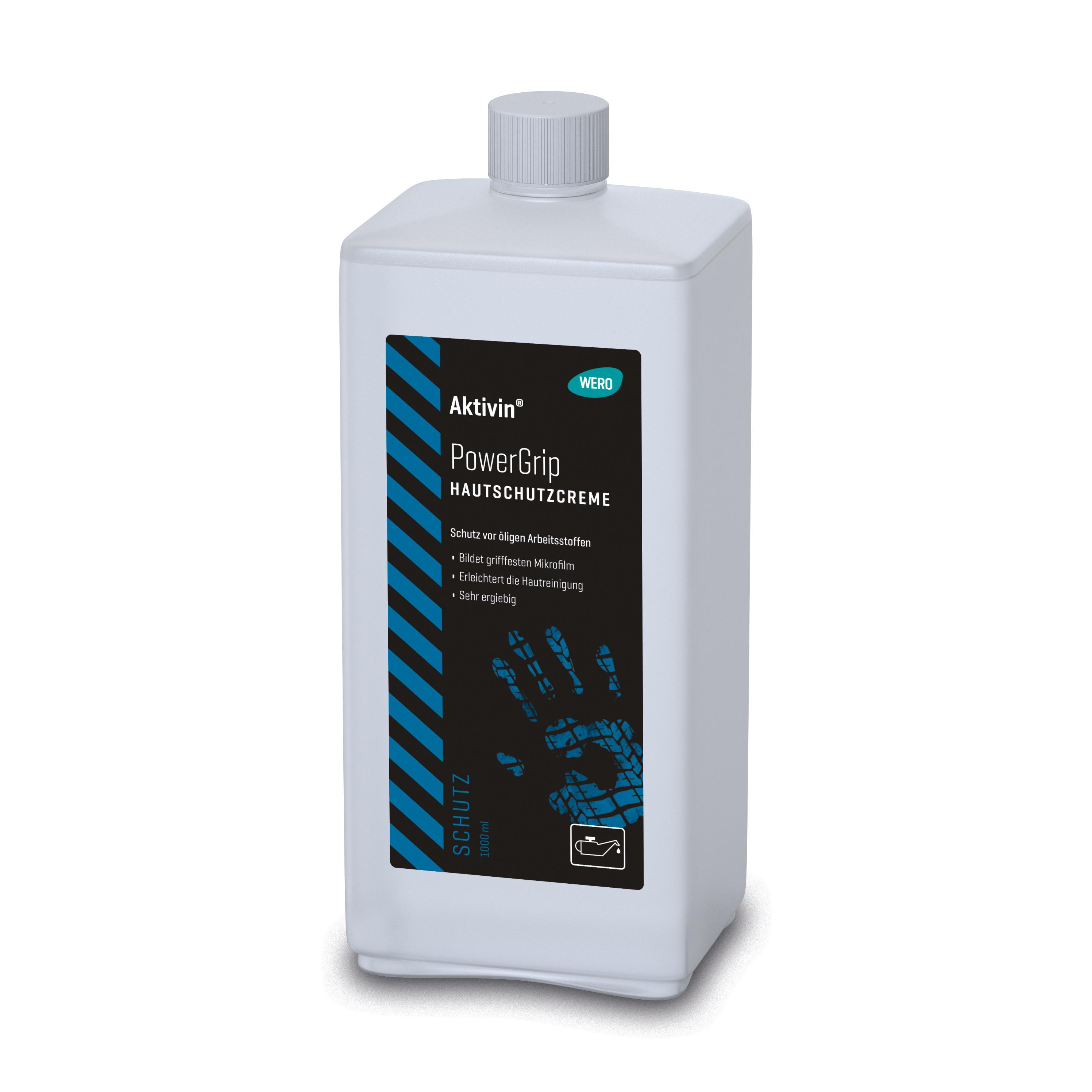 Eine 1.000-ml-Euroflasche Hautschutzcreme Aktivin® PowerGrip mit weißem Deckel, gefüllt mit dunkelblauer Creme für starken Hautschutz.