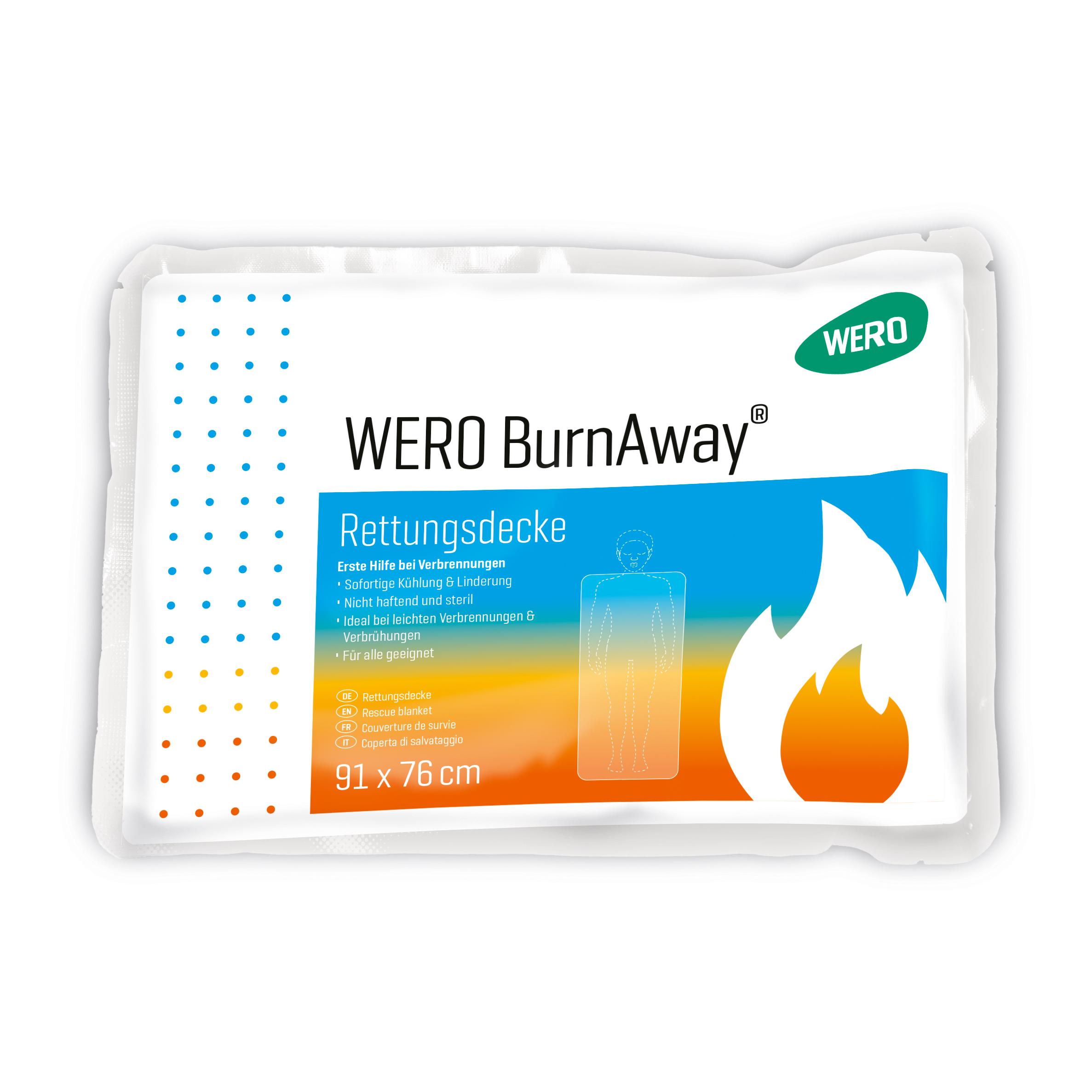 Weiße, rechteckige Verpackung der WERO BurnAway® Rettungsdecke mit blau-orangem Flammendesign und gut sichtbarem Produktlogo auf der Vorderseite.
