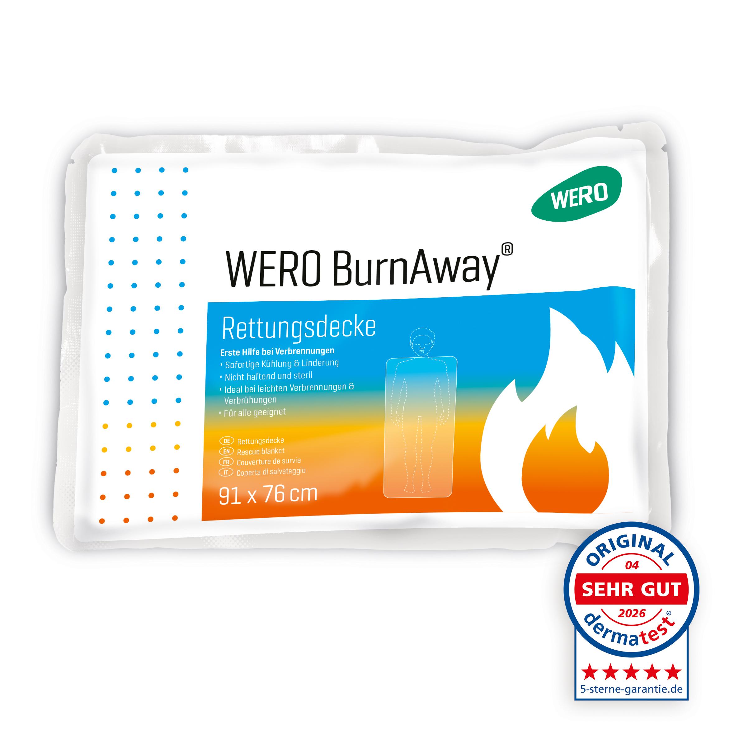 Weiße, rechteckige Verpackung der WERO BurnAway® Rettungsdecke mit blau-orangem Flammendesign und gut sichtbarem Produktlogo auf der Vorderseite.